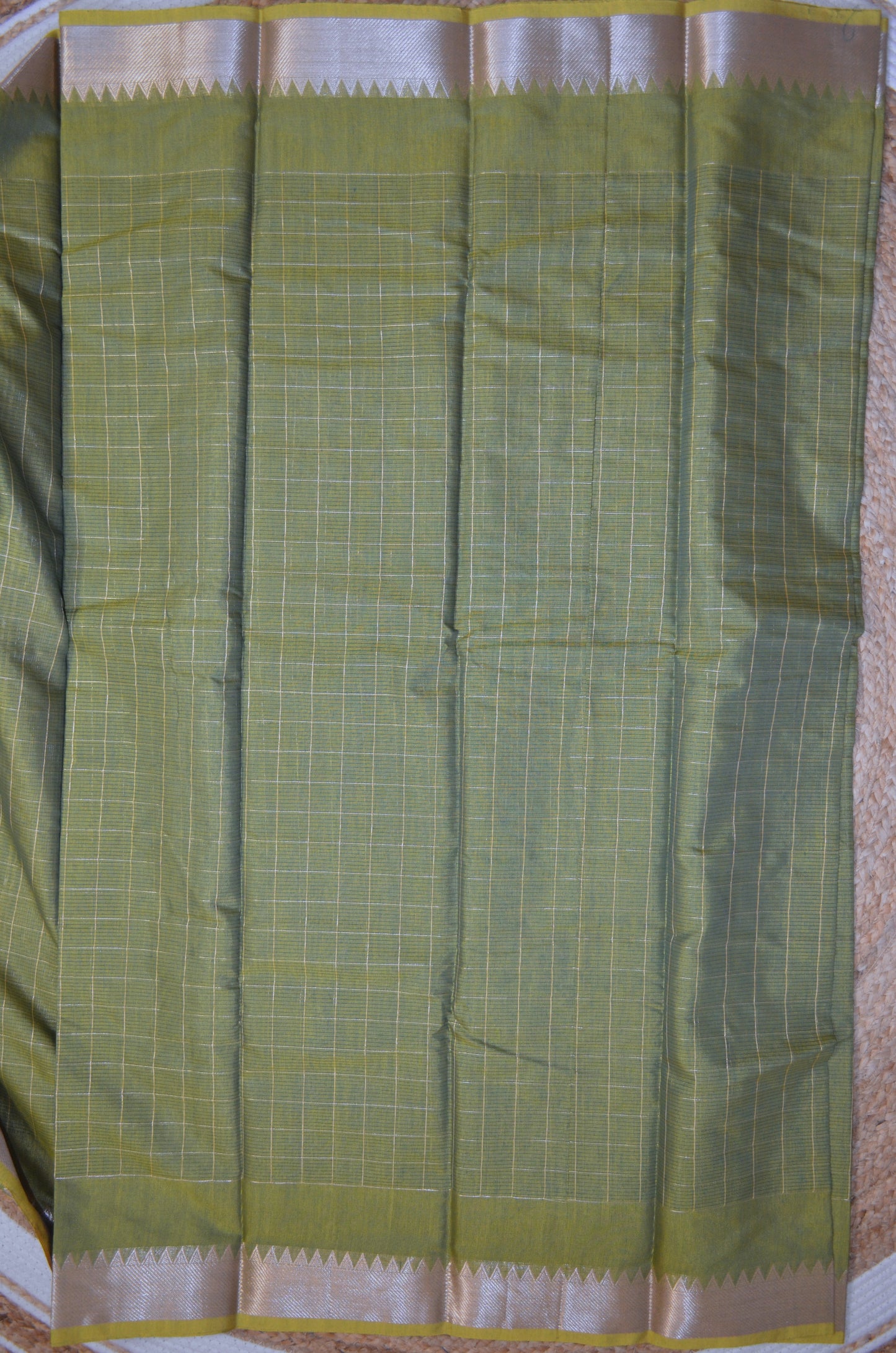 Green Yellow Mangalagiri Checks Cotton Silk Handloom Saree