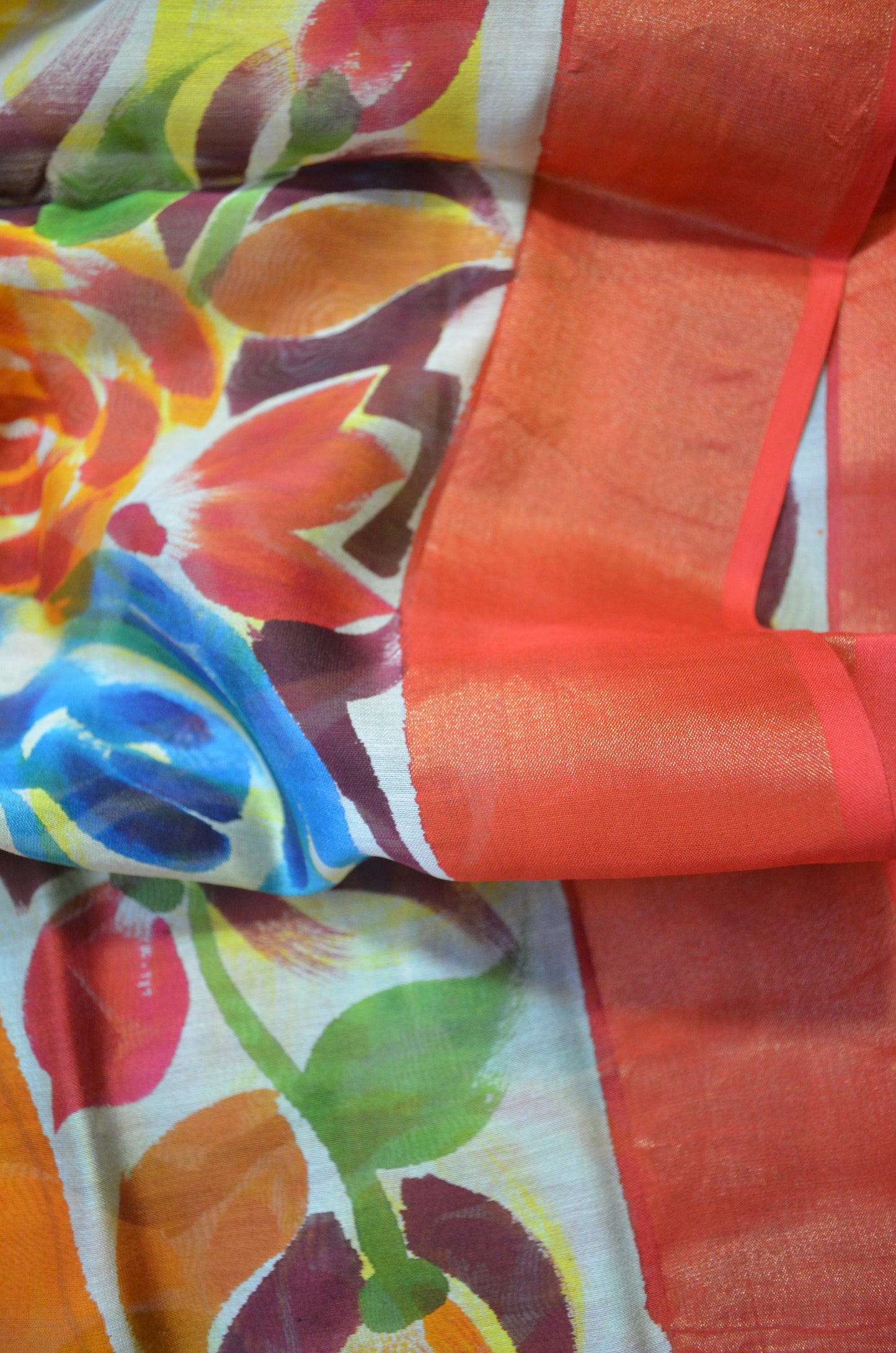 Orange Hand Painted Chanderi Handloom Saree