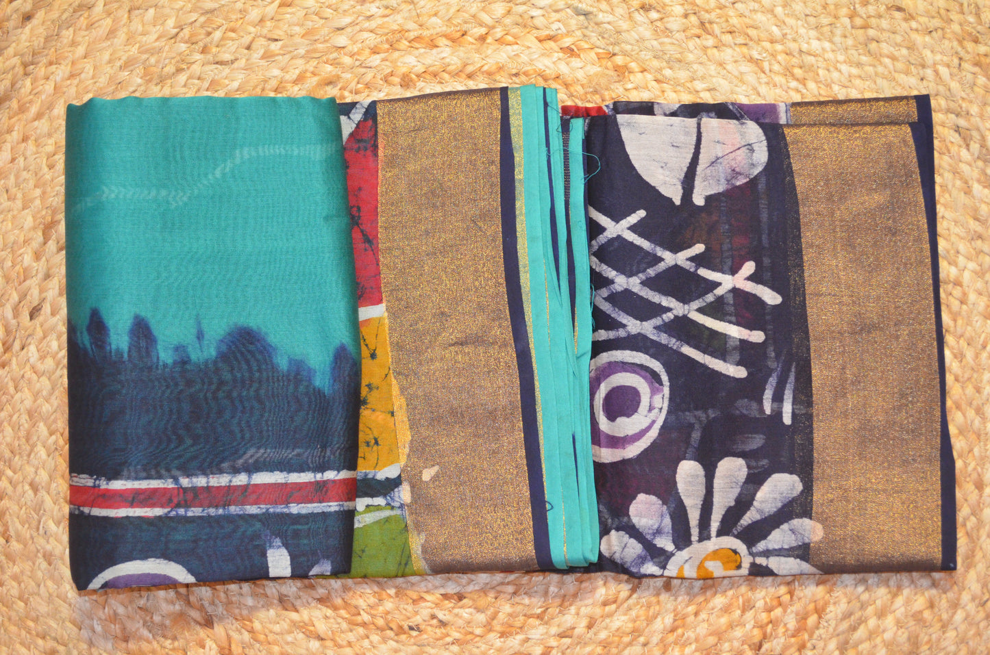 Teal Batik Print Chanderi Handloom Saree