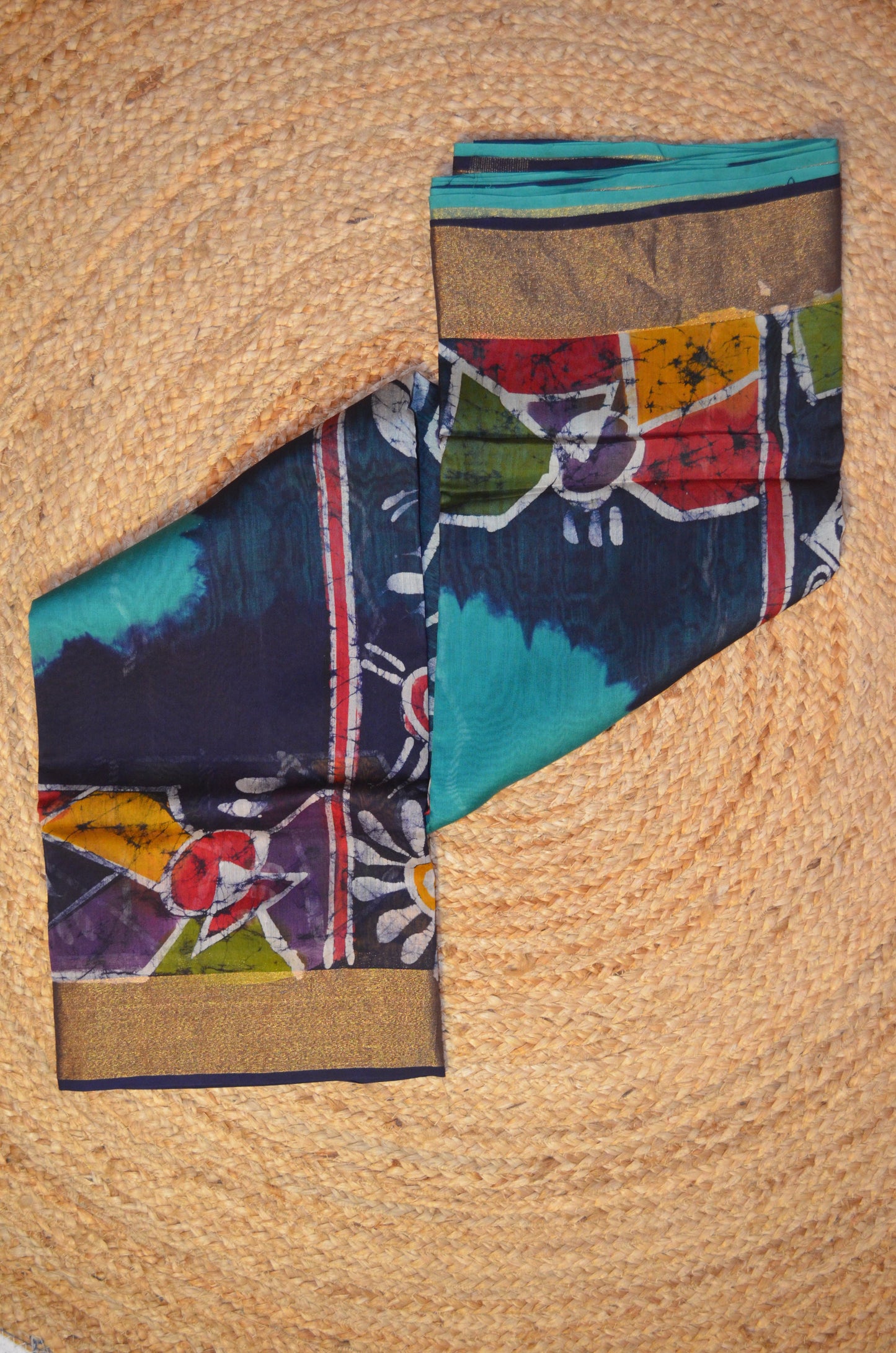 Teal Batik Print Chanderi Handloom Saree