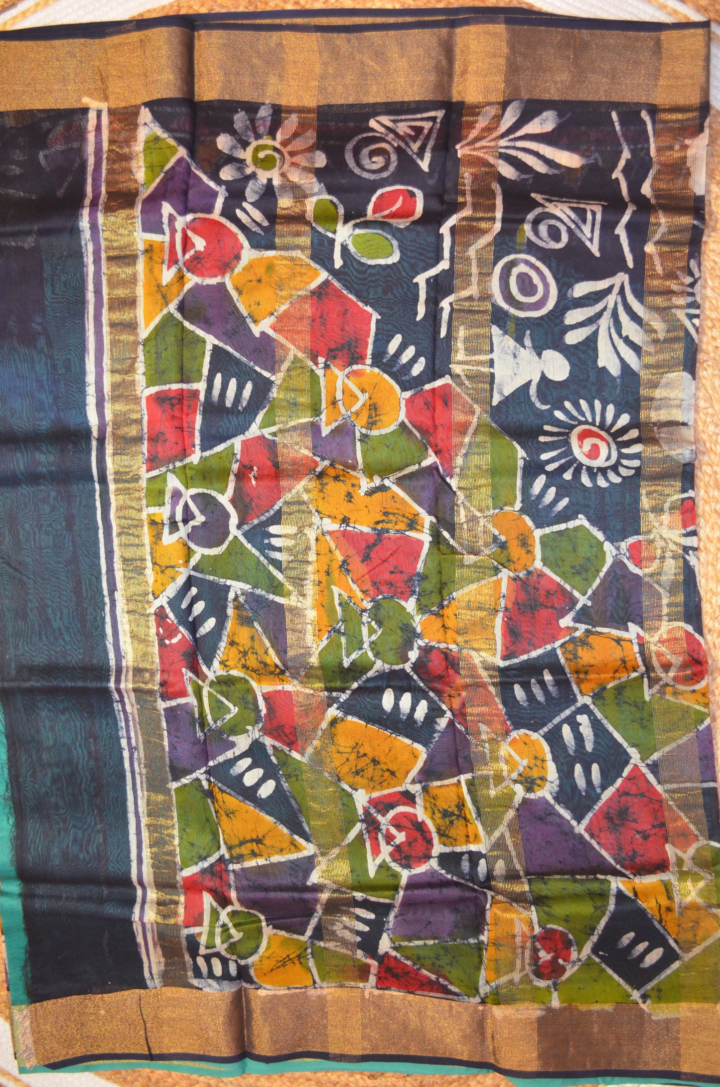 Teal Batik Print Chanderi Handloom Saree