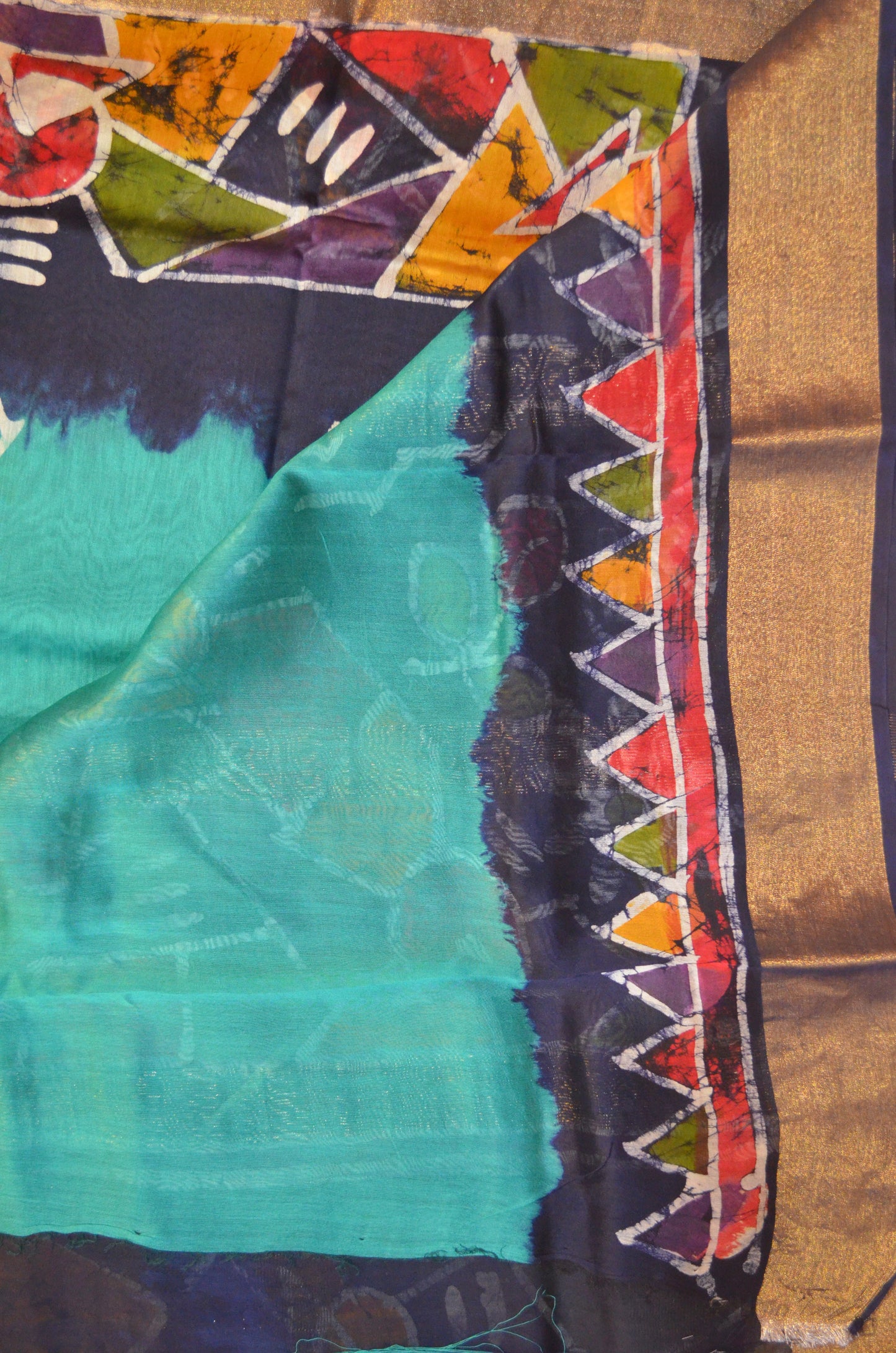 Teal Batik Print Chanderi Handloom Saree