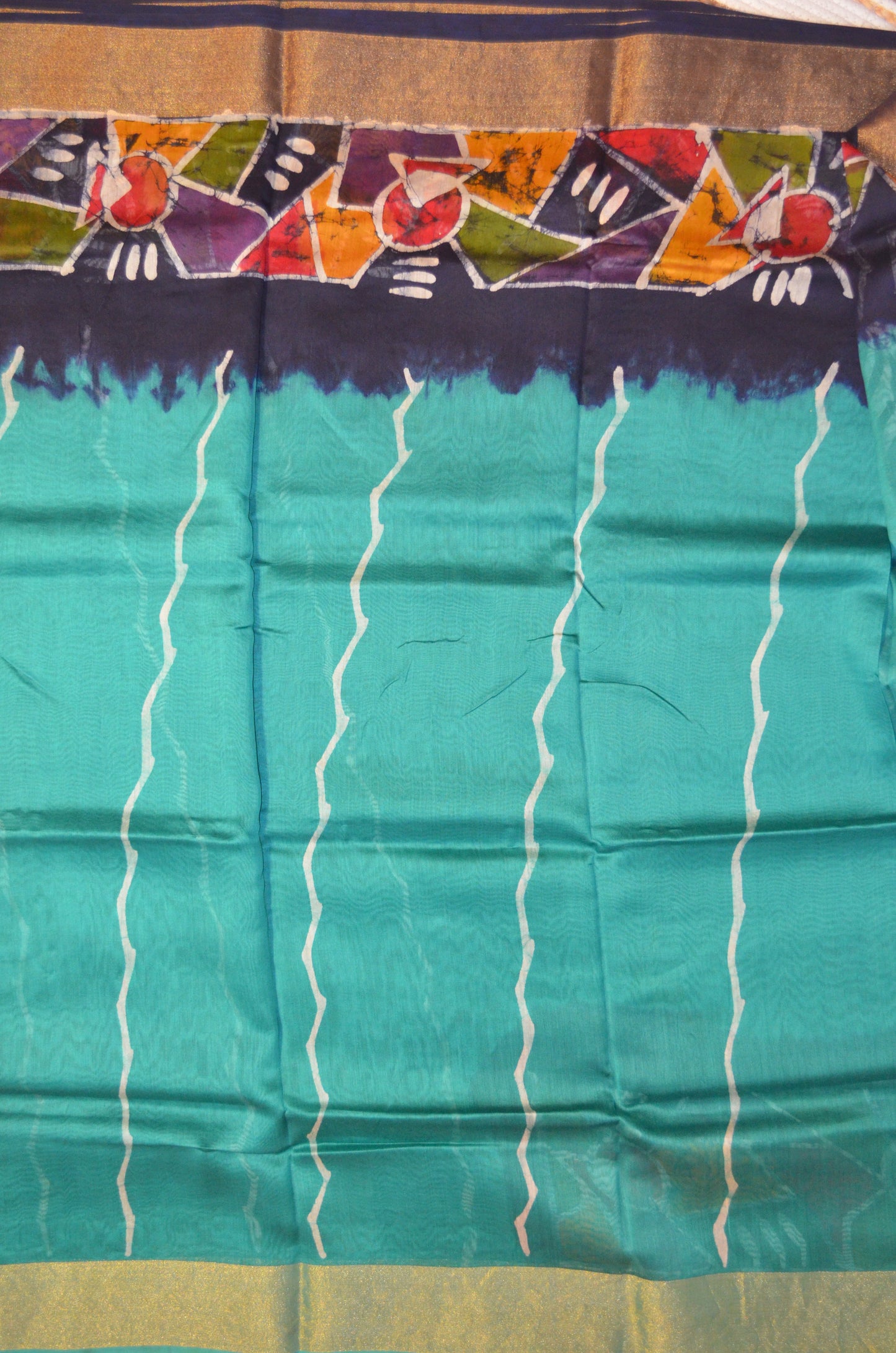 Teal Batik Print Chanderi Handloom Saree