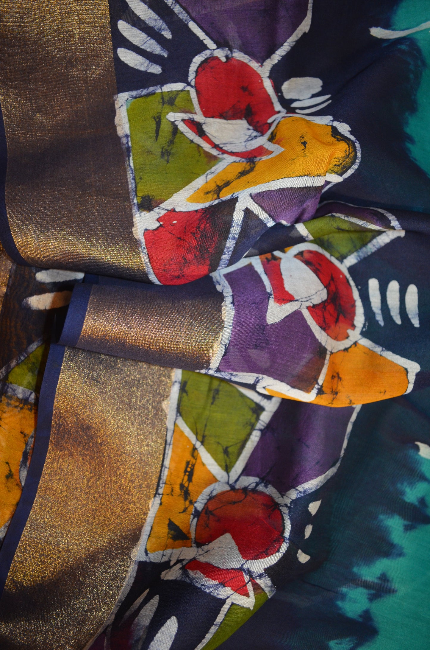 Teal Batik Print Chanderi Handloom Saree