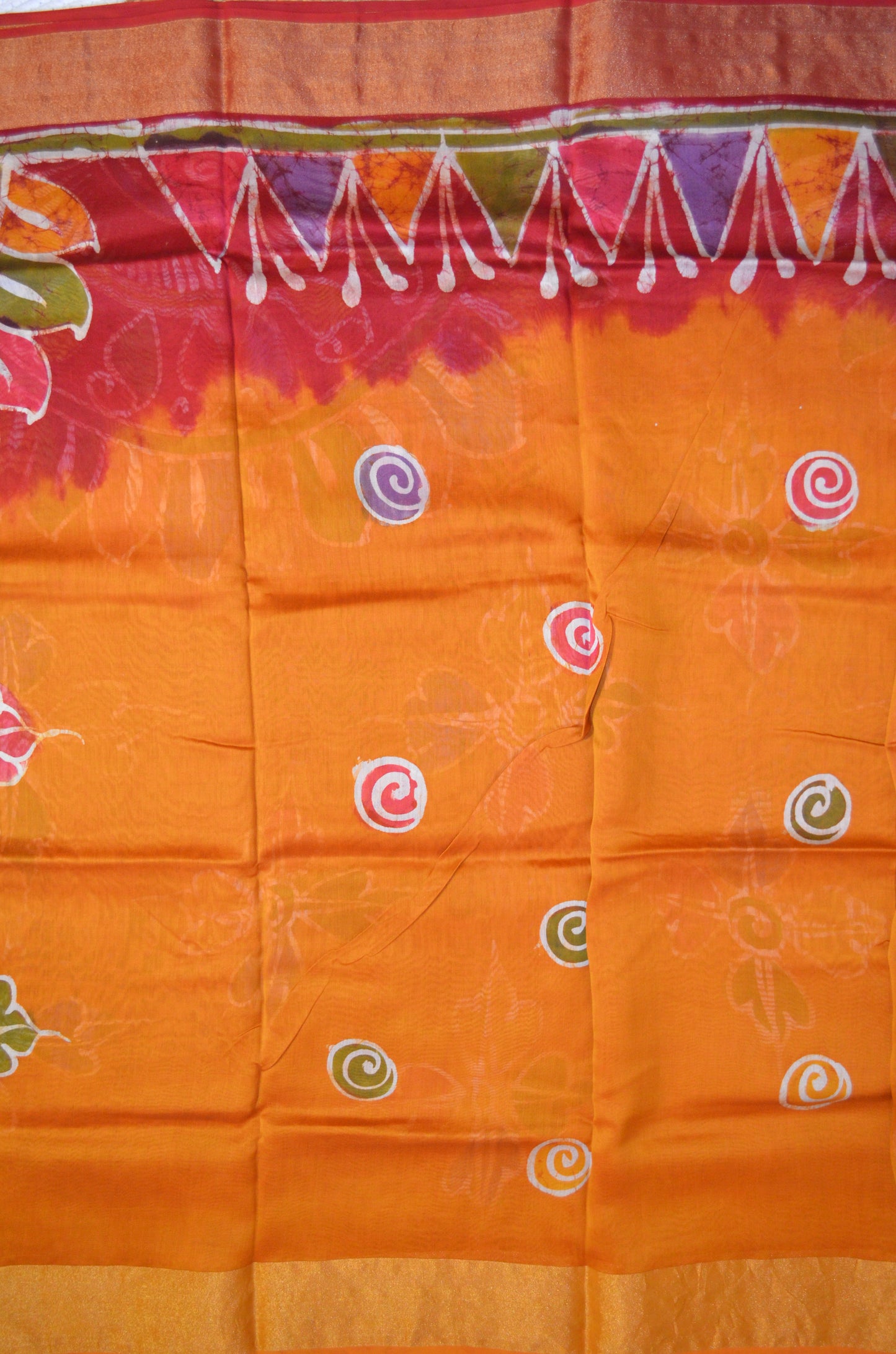 Red and Mustard Batik Print Chanderi Handloom Saree