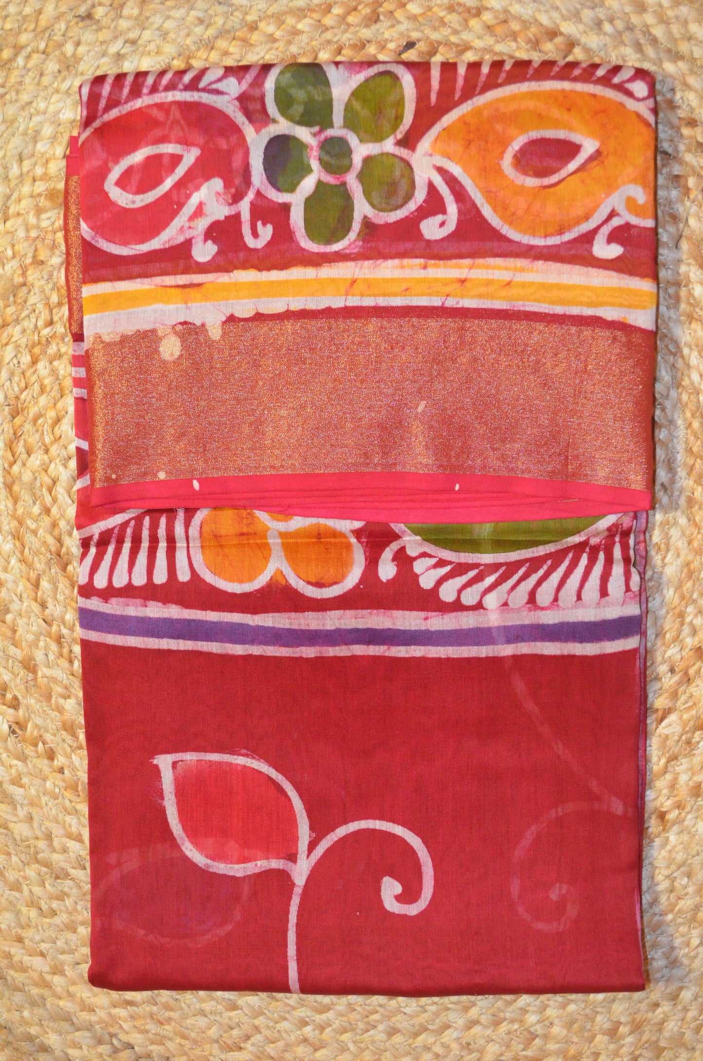 Red Batik Print Chanderi Handloom Saree
