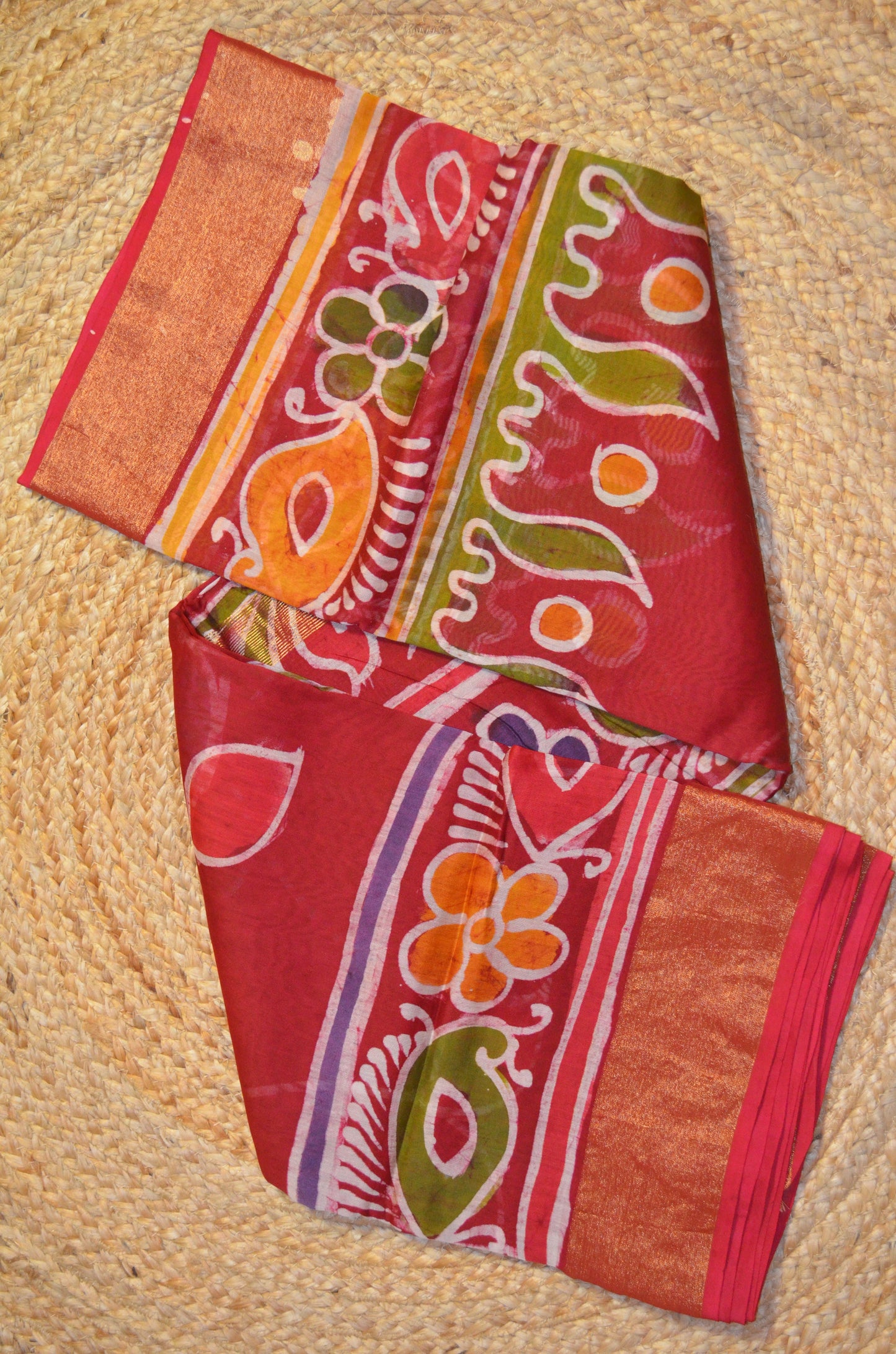 Red Batik Print Chanderi Handloom Saree