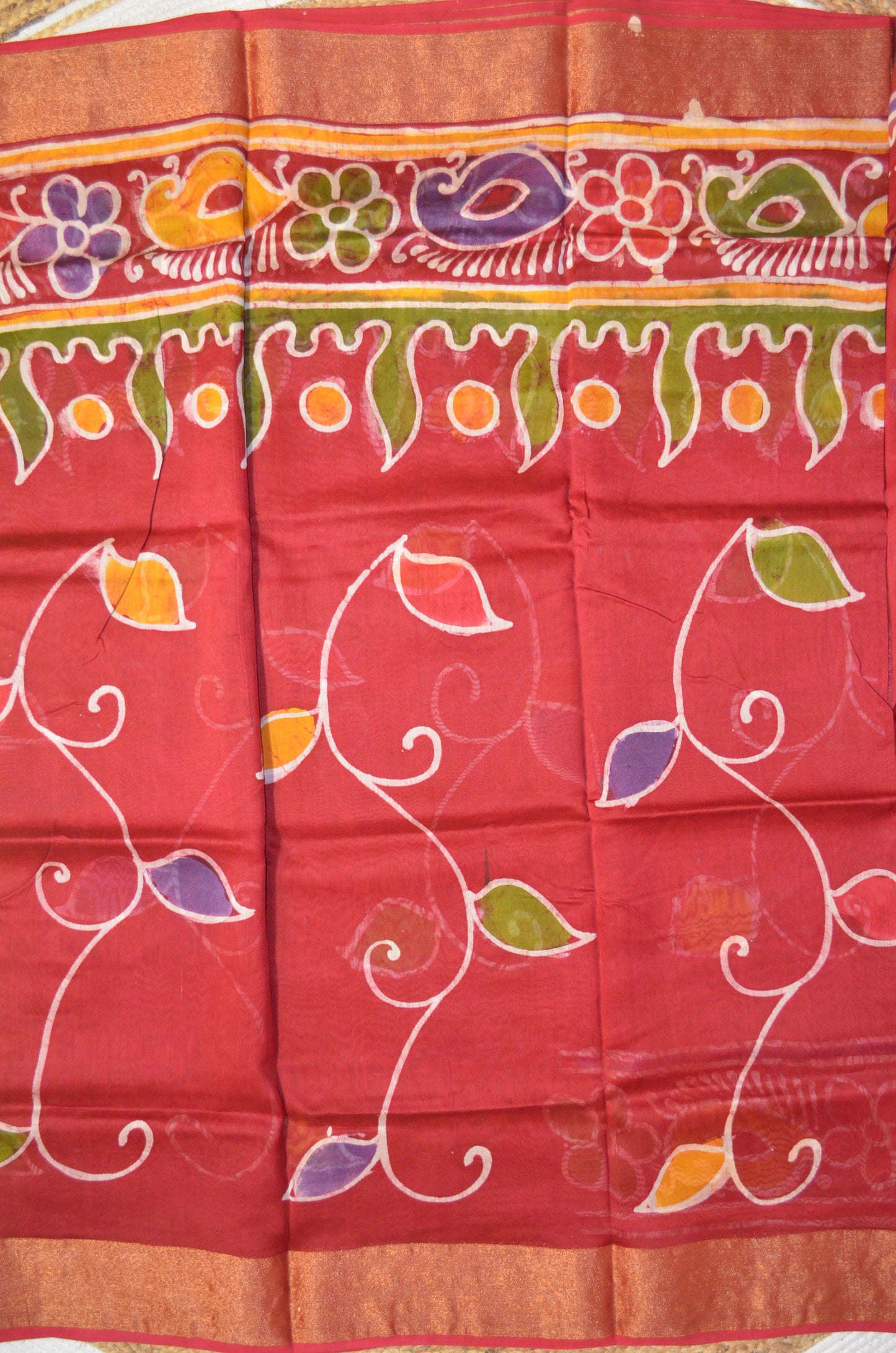 Red Batik Print Chanderi Handloom Saree