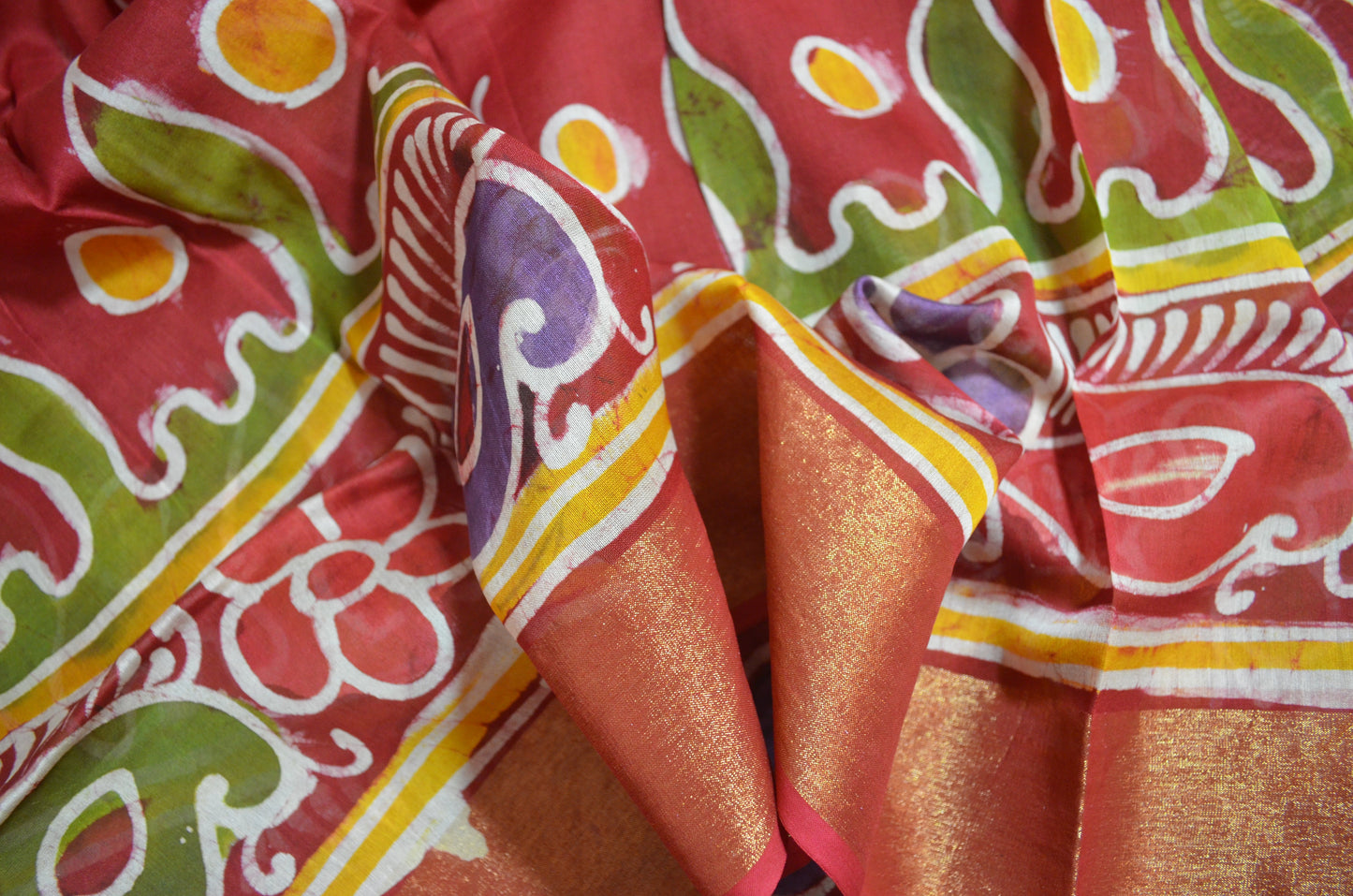 Red Batik Print Chanderi Handloom Saree