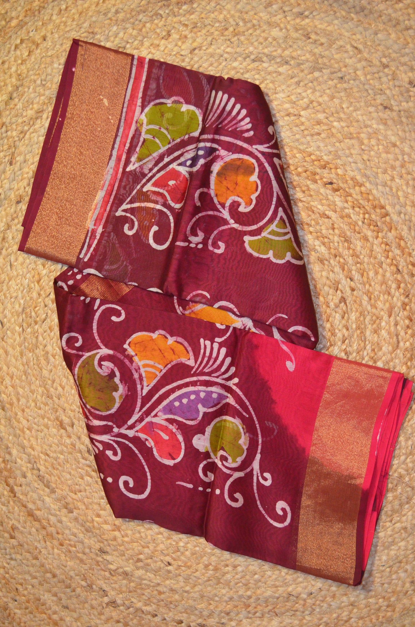 Maroon Batik Print Chanderi Handloom Saree
