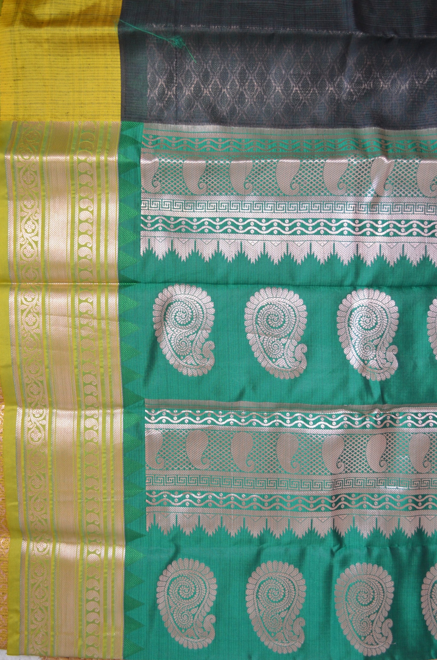 Black Green and Yellow Kota Gadwal Cotton Silk Handloom Saree