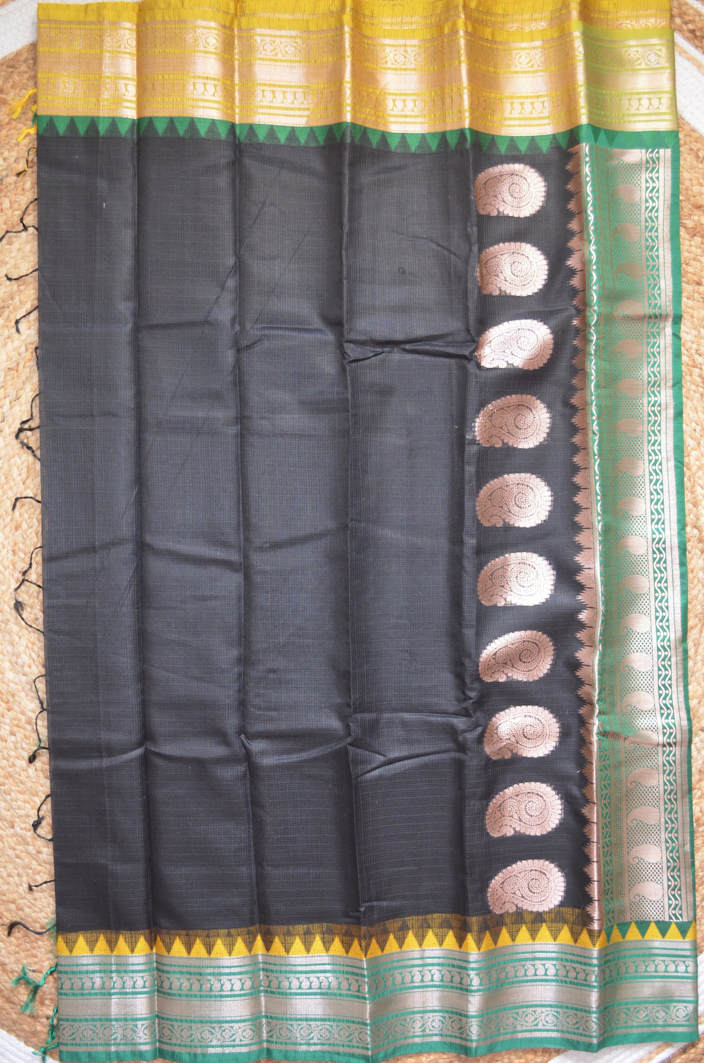 Black Green and Yellow Kota Gadwal Cotton Silk Handloom Saree