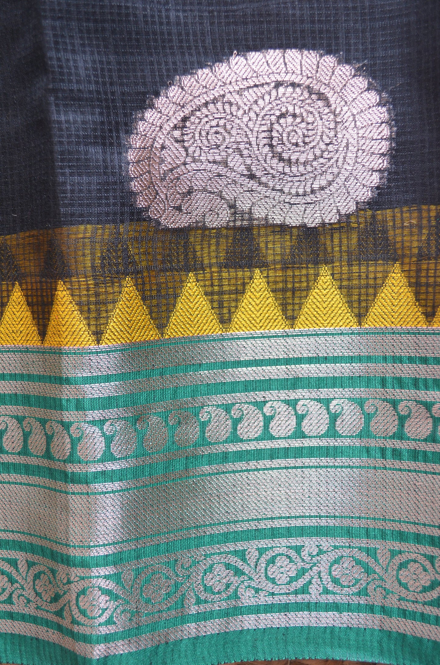 Black Green and Yellow Kota Gadwal Cotton Silk Handloom Saree
