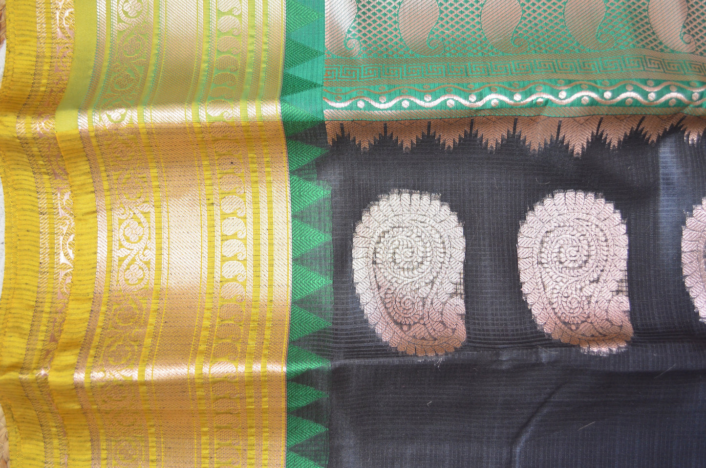 Black Green and Yellow Kota Gadwal Cotton Silk Handloom Saree