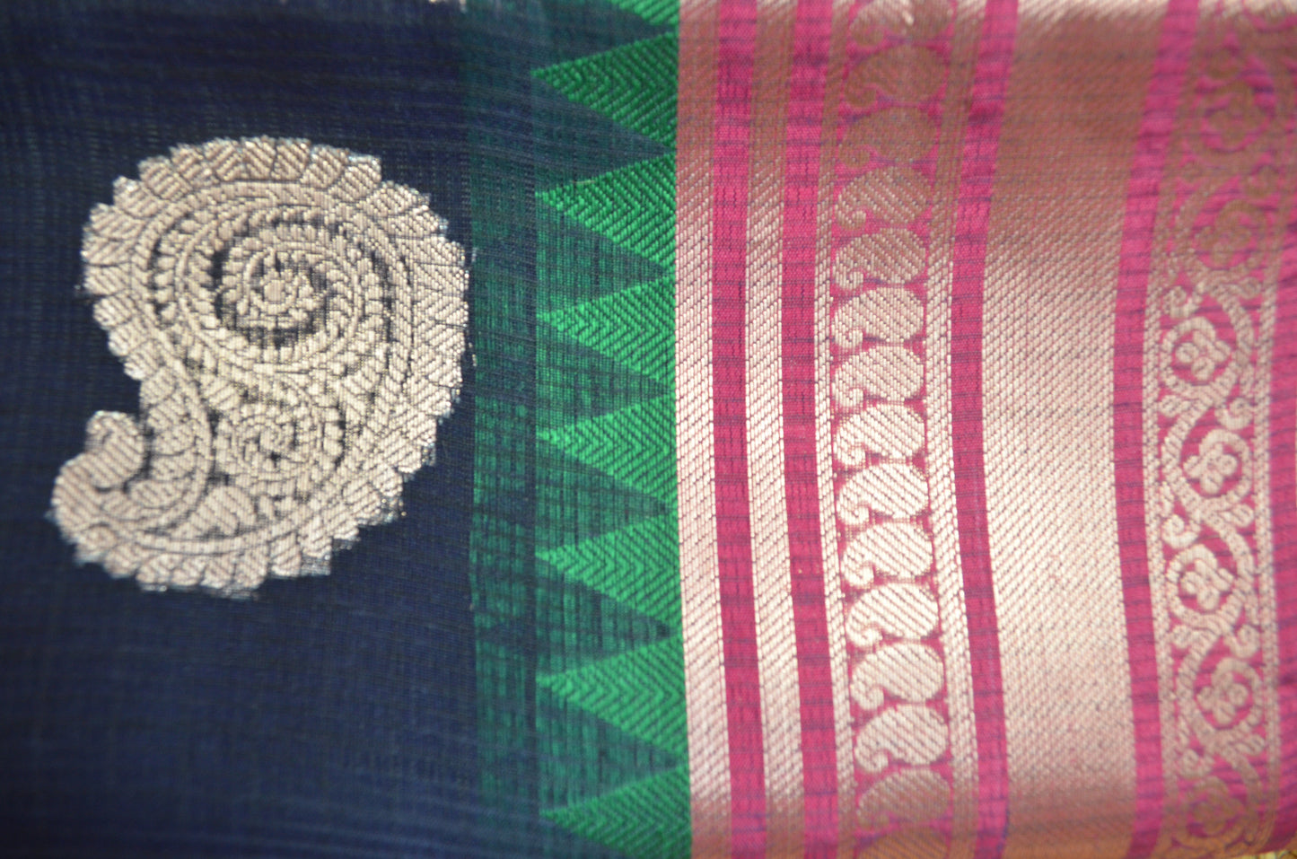 Navy Magenta and Green Kota Gadwal Cotton Silk Handloom Saree