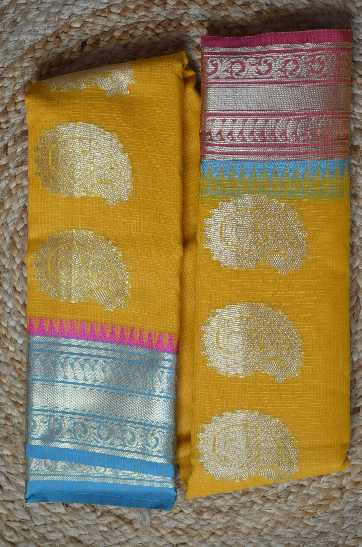 Yellow Magenta and Blue Kota Gadwal Cotton Silk Handloom Saree
