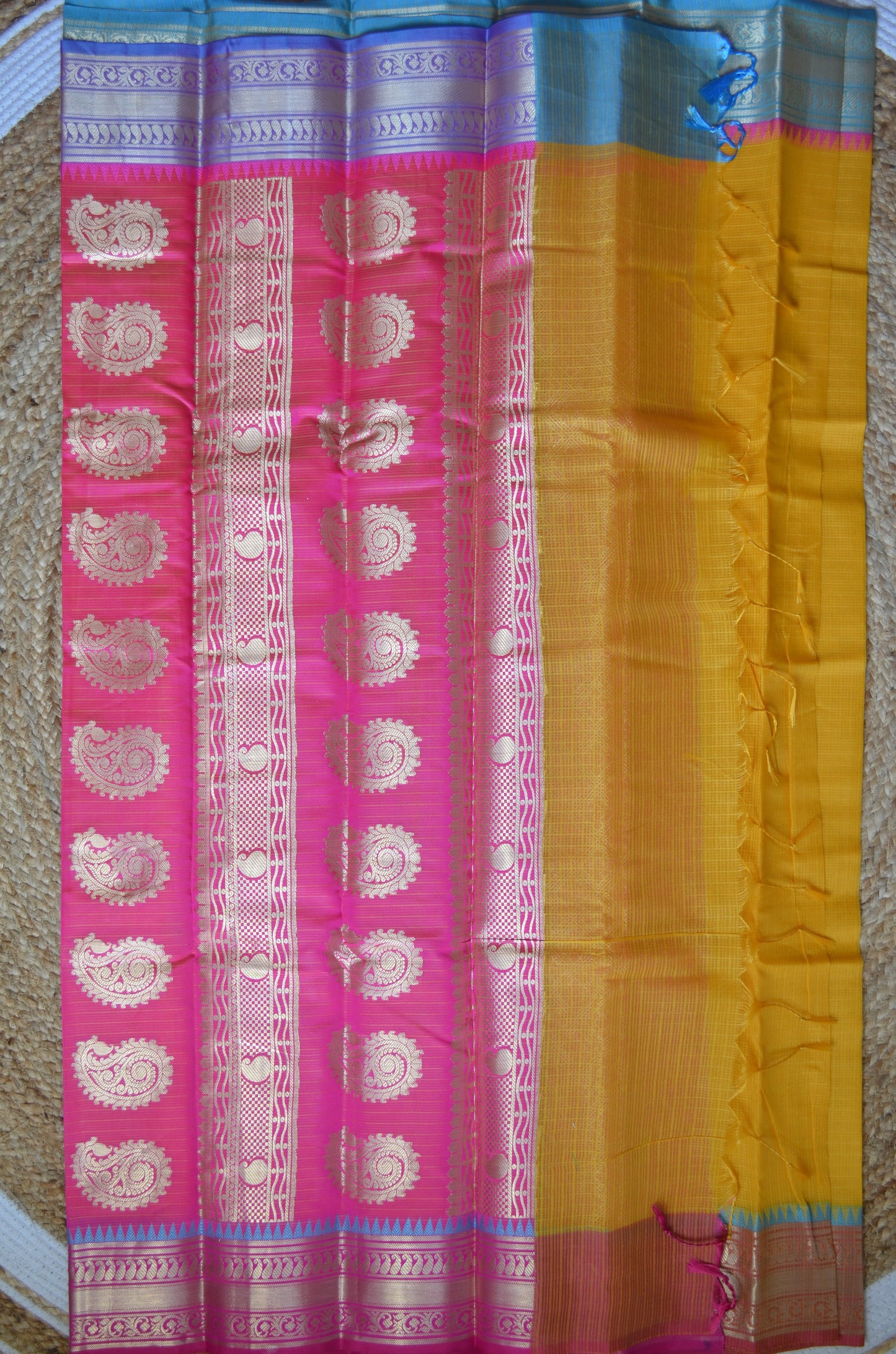 Yellow Magenta and Blue Kota Gadwal Cotton Silk Handloom Saree