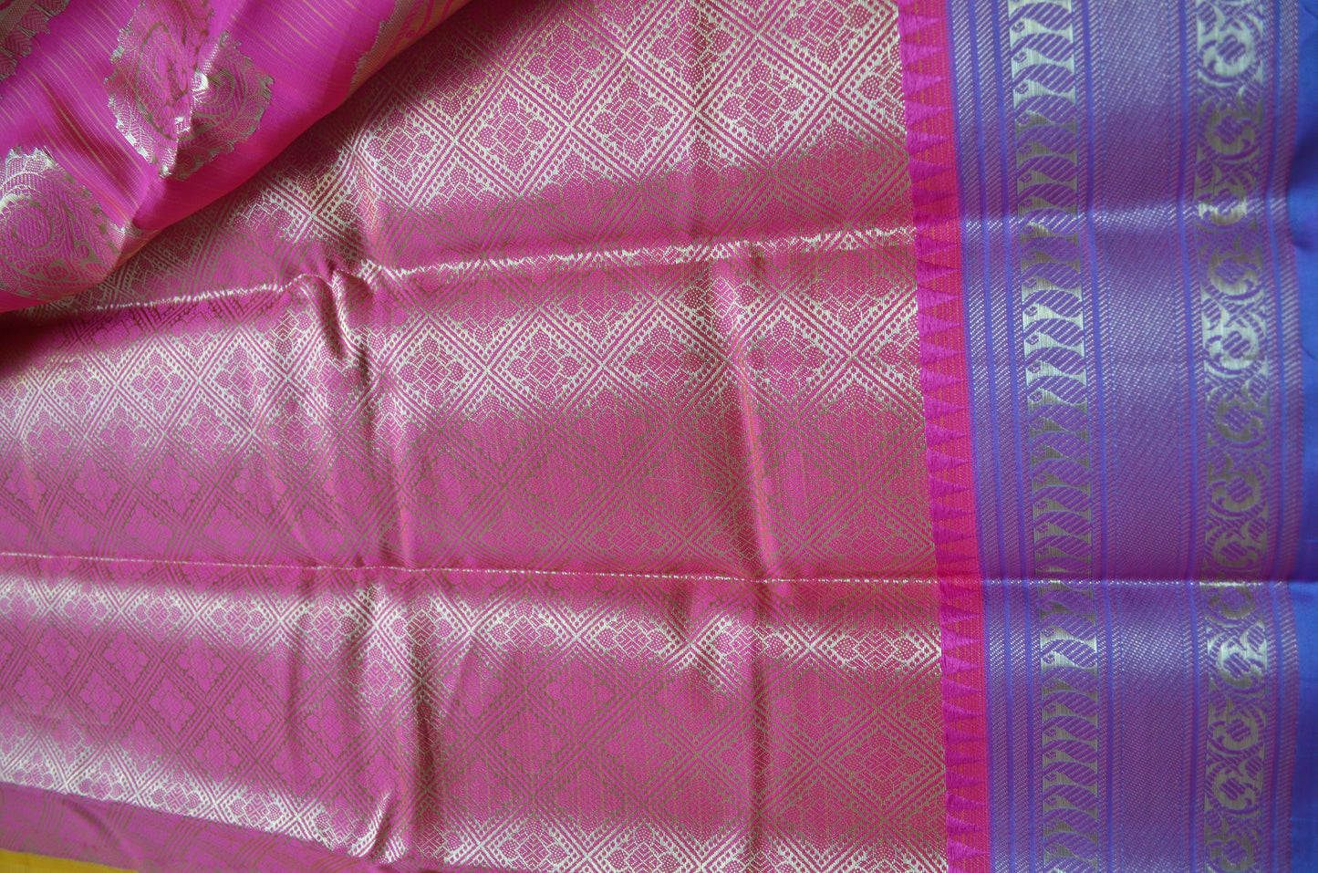 Yellow Magenta and Blue Kota Gadwal Cotton Silk Handloom Saree