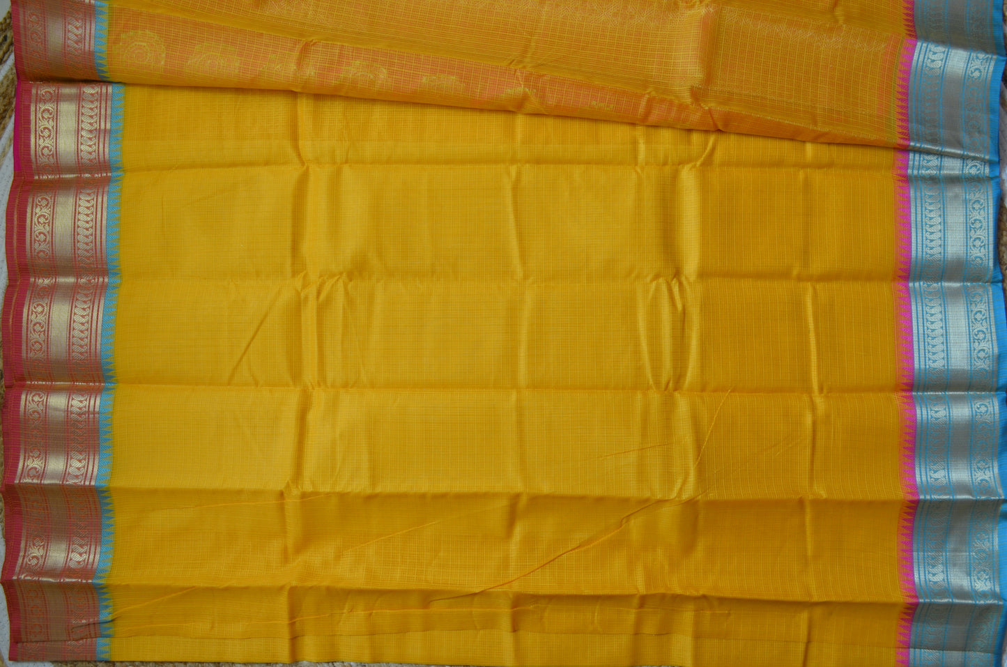 Yellow Magenta and Blue Kota Gadwal Cotton Silk Handloom Saree