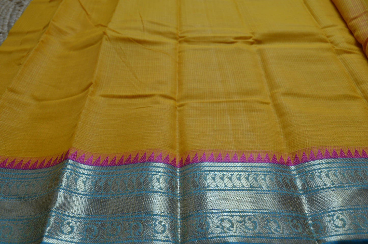 Yellow Magenta and Blue Kota Gadwal Cotton Silk Handloom Saree