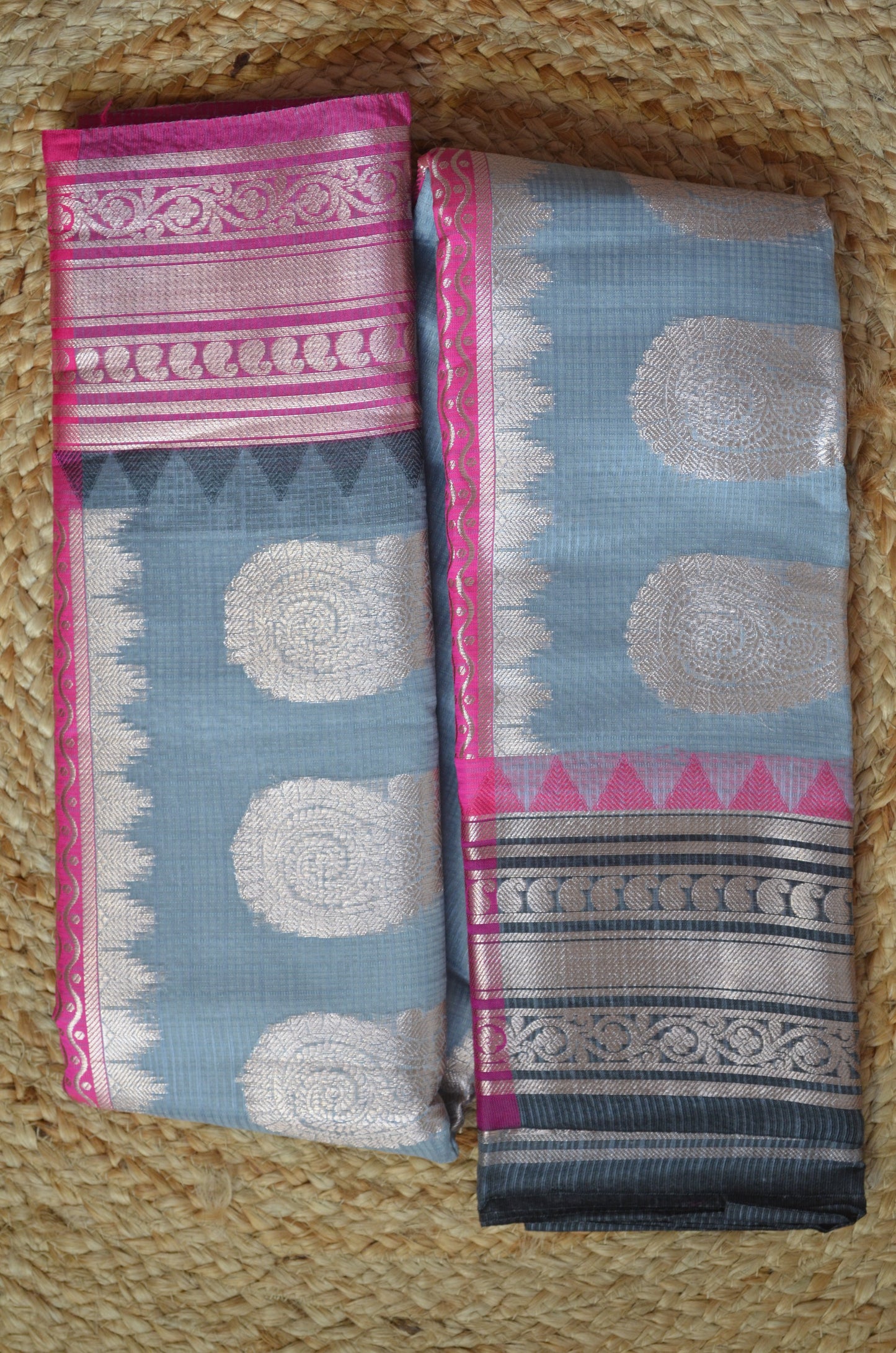 Grey Magenta and Black Kota Gadwal Cotton Silk Handloom Saree