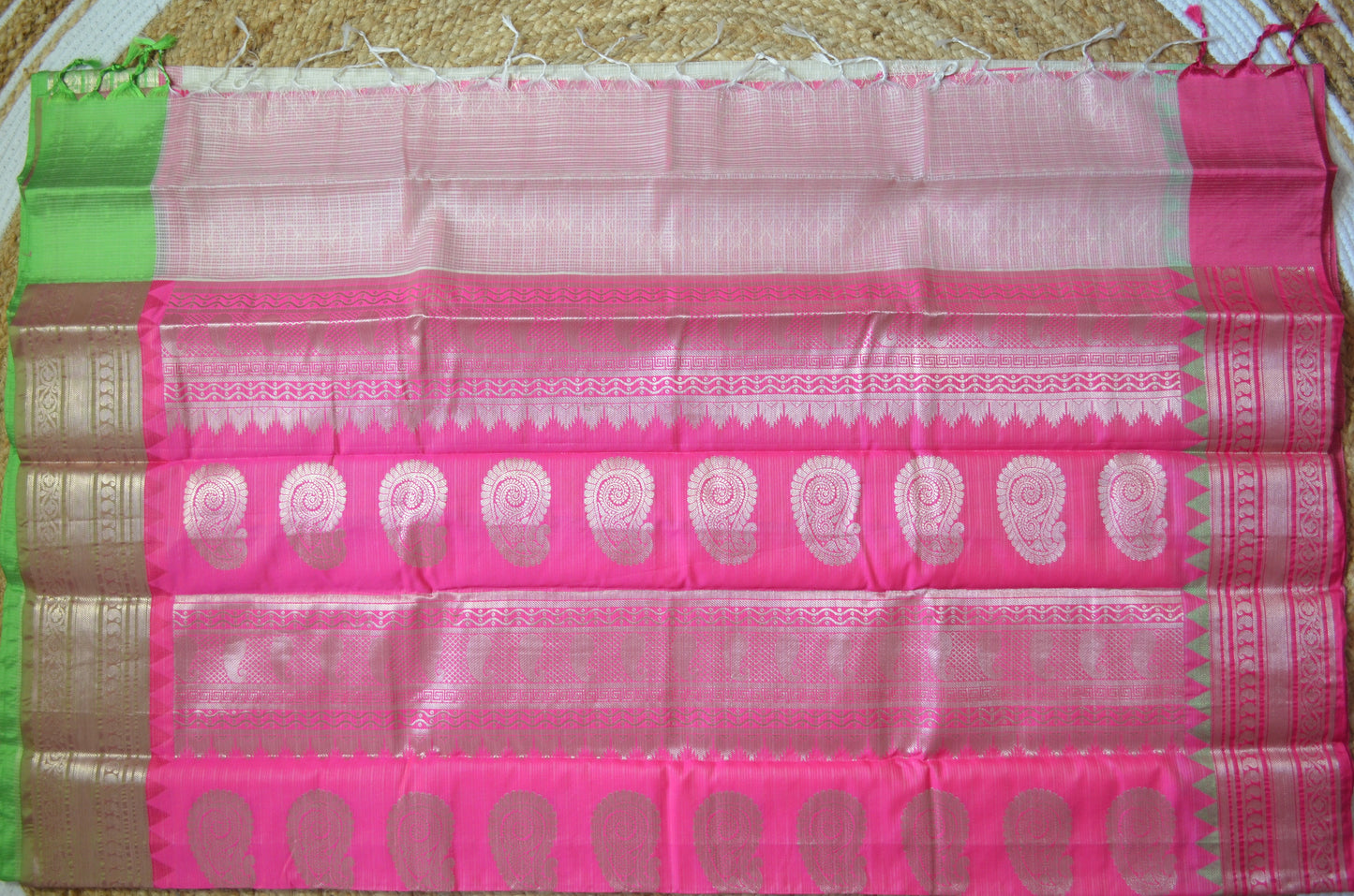 Cream Magenta and Green Kota Gadwal Cotton Silk Handloom Saree