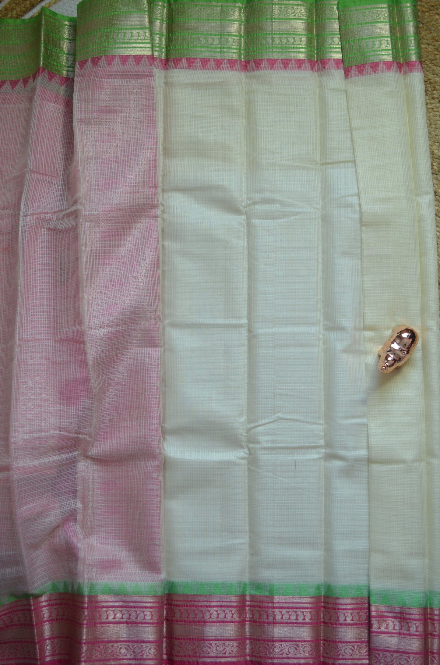 Cream Magenta and Green Kota Gadwal Cotton Silk Handloom Saree