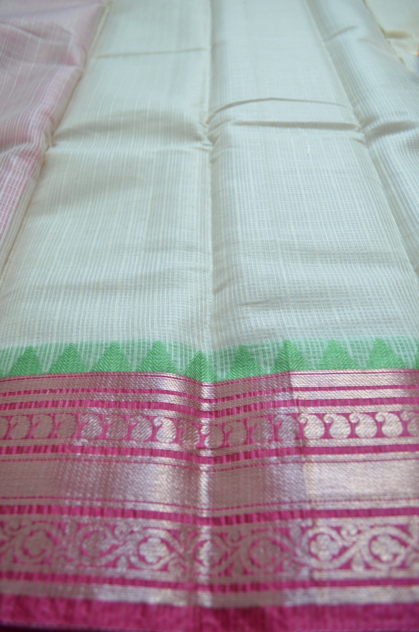 Cream Magenta and Green Kota Gadwal Cotton Silk Handloom Saree
