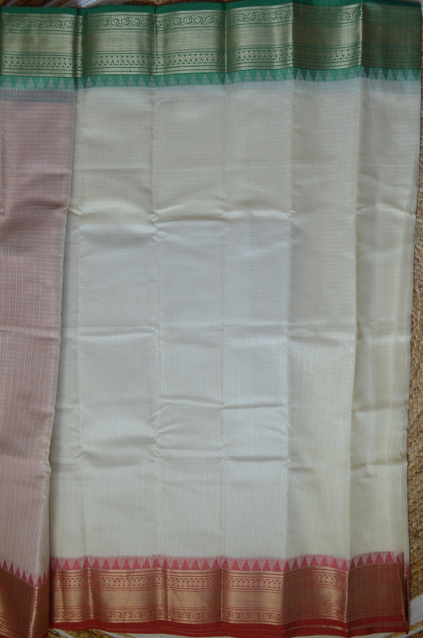 Cream Red and Green Kota Gadwal Cotton Silk Handloom Saree