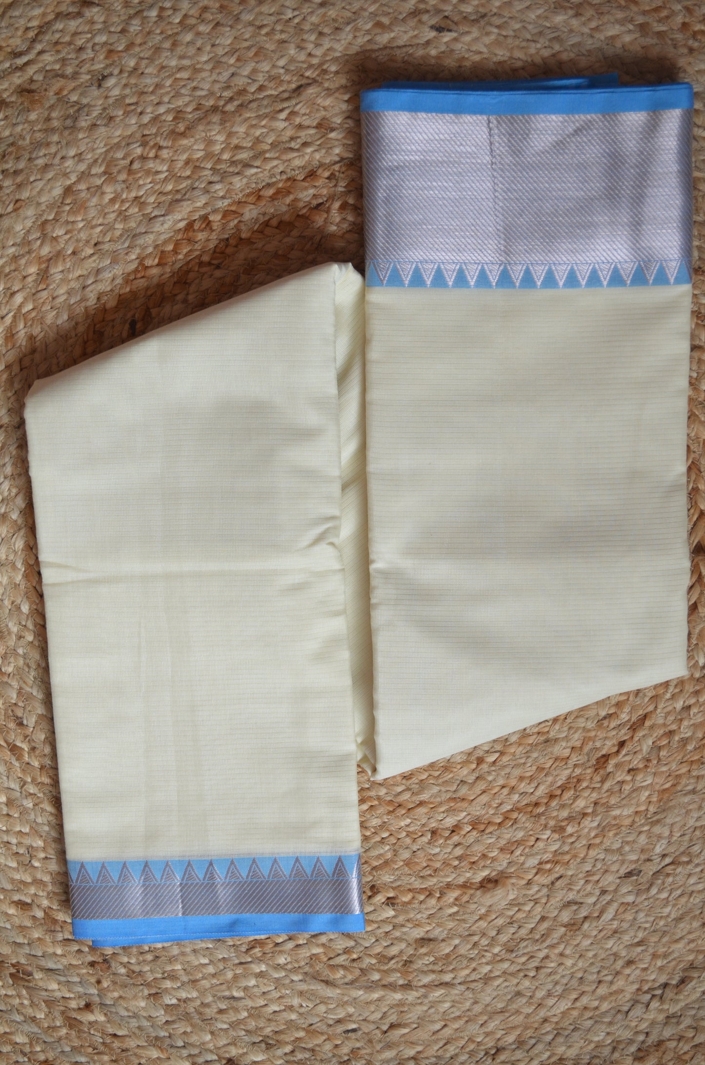 Cream Blue Mangalagiri Cotton Silk Handloom Saree