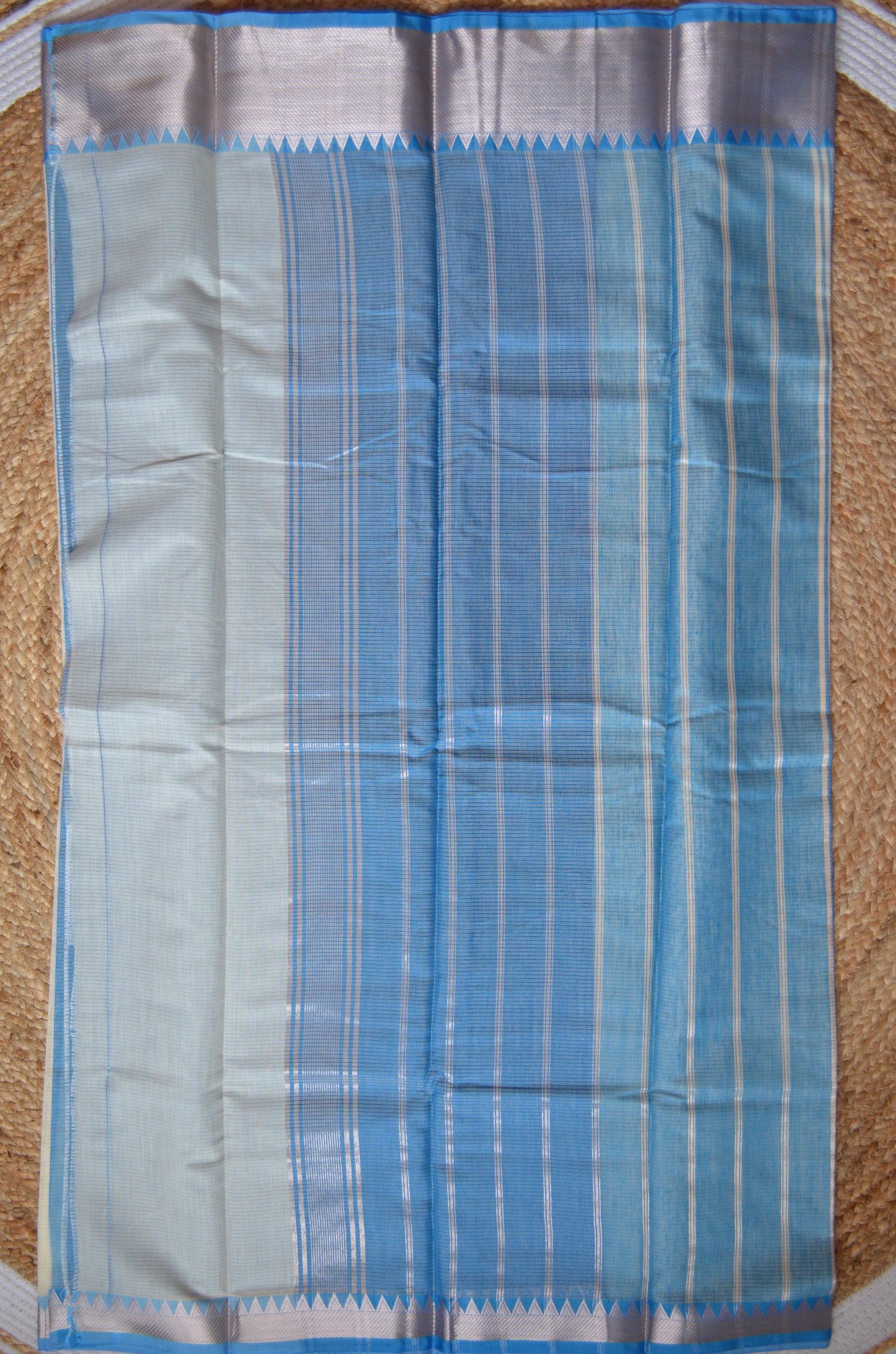 Cream Blue Mangalagiri Cotton Silk Handloom Saree