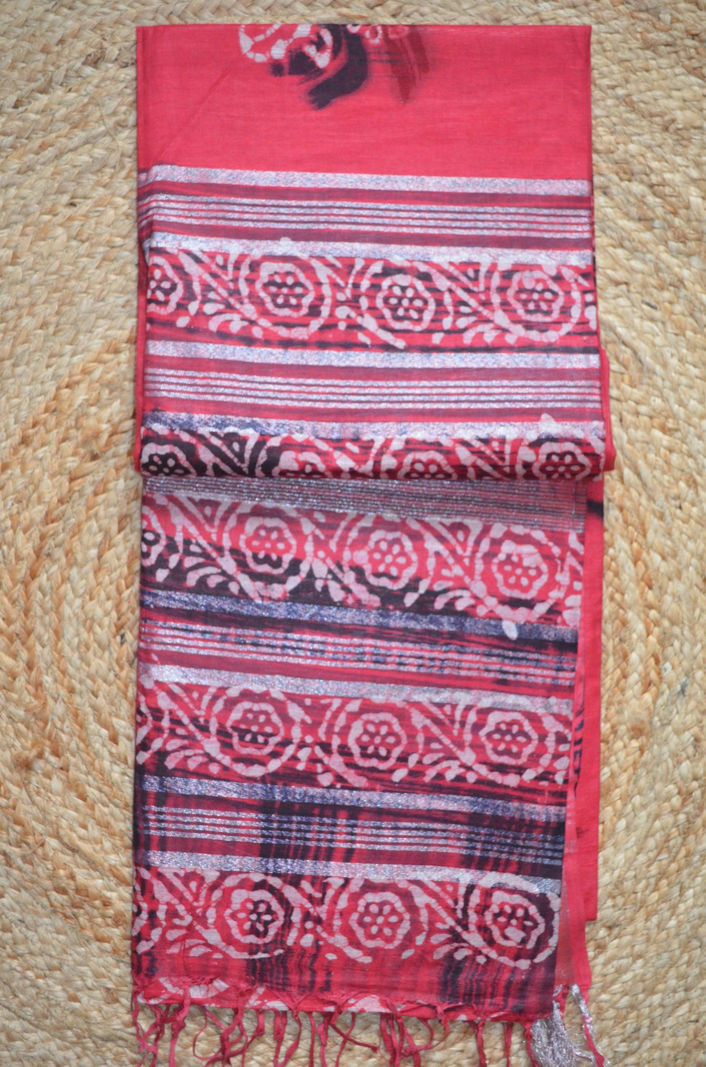 Red Block Print Linen Handloom Saree