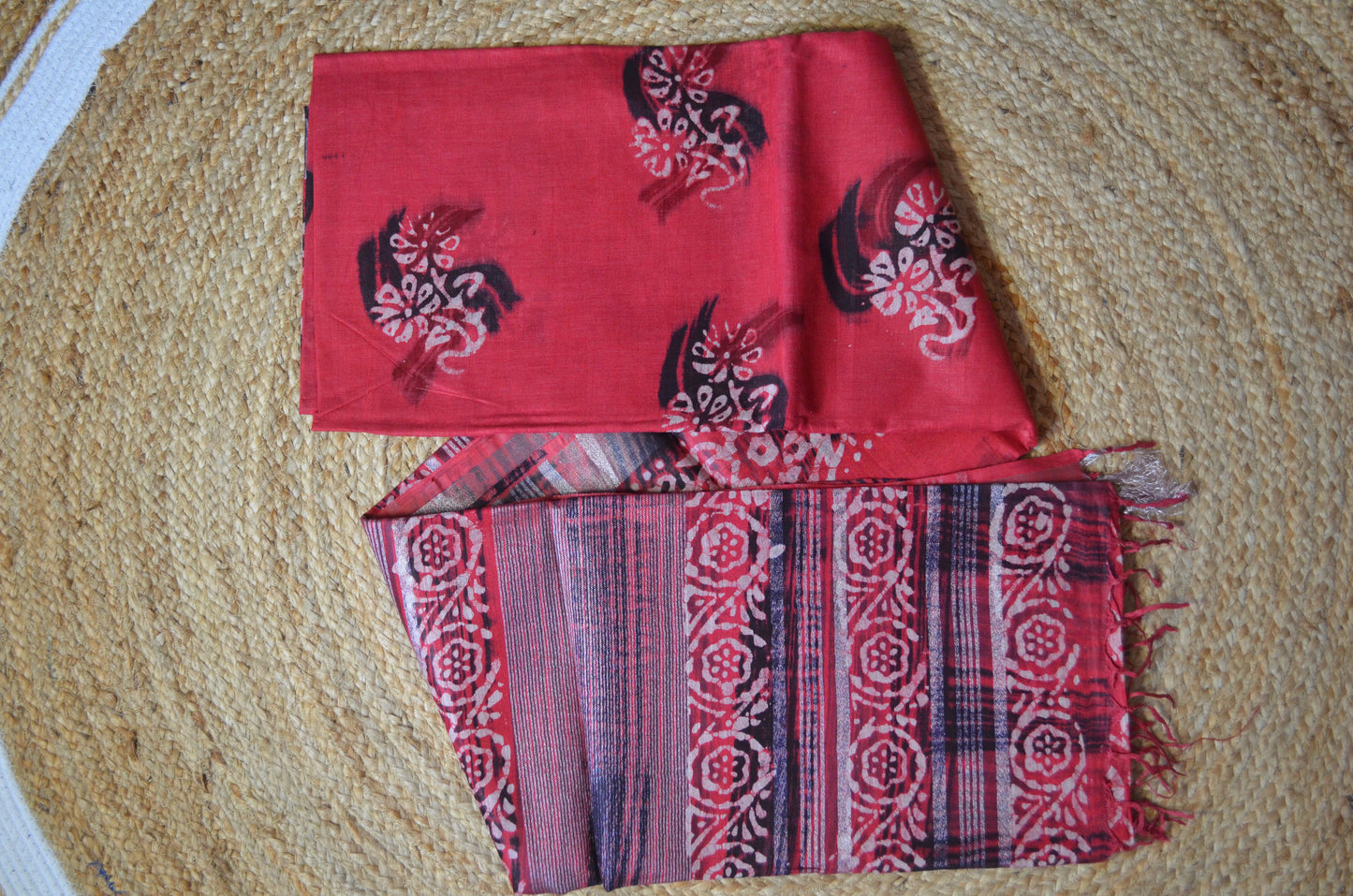 Red Block Print Linen Handloom Saree