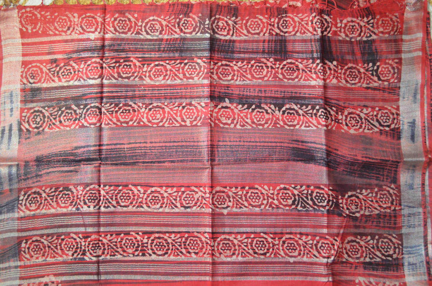 Red Block Print Linen Handloom Saree
