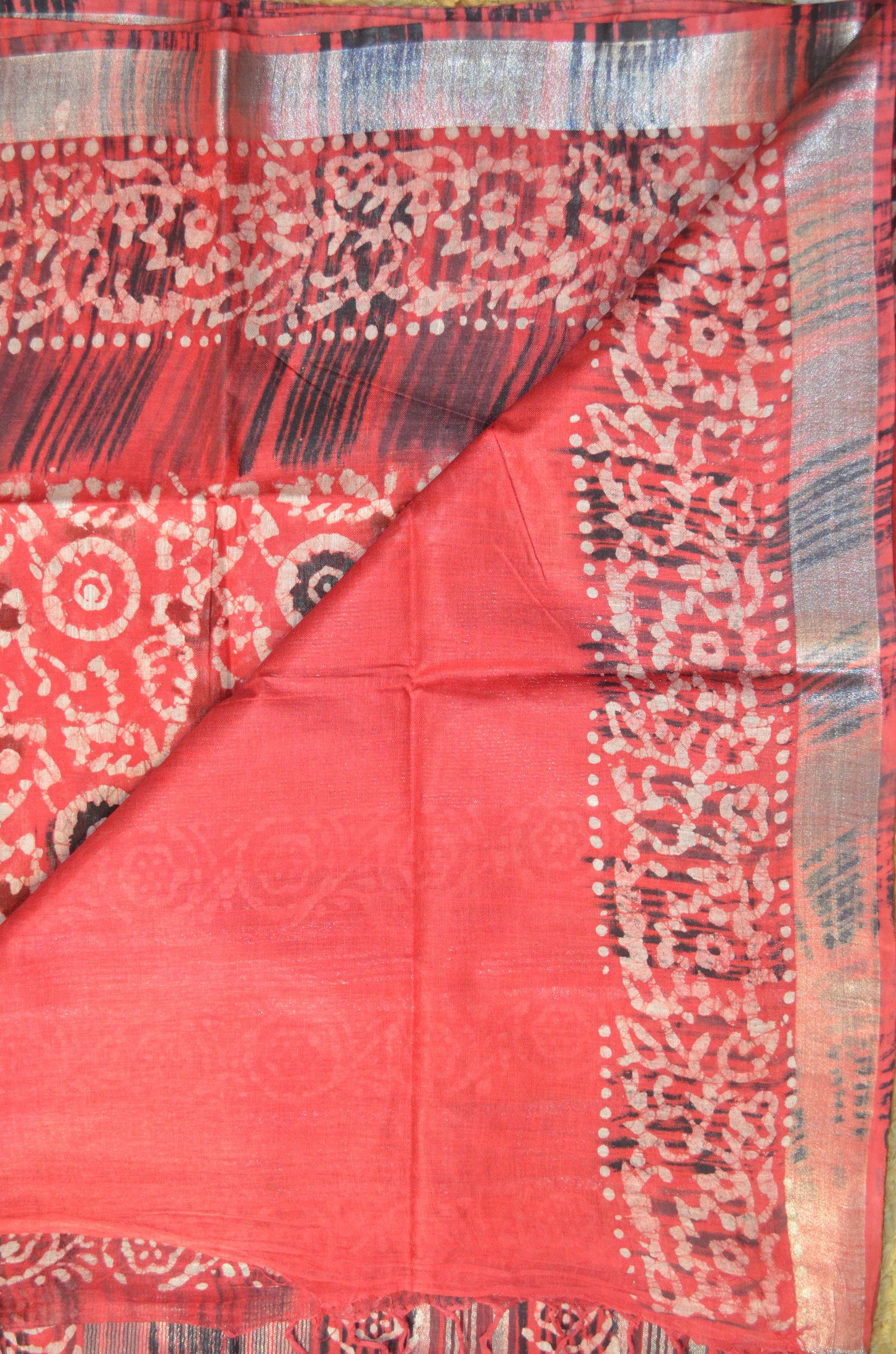 Red Block Print Linen Handloom Saree