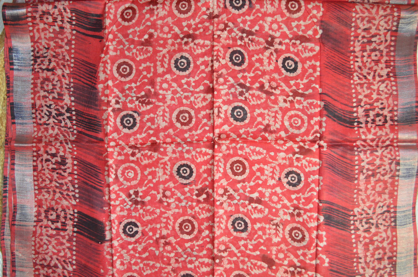 Red Block Print Linen Handloom Saree