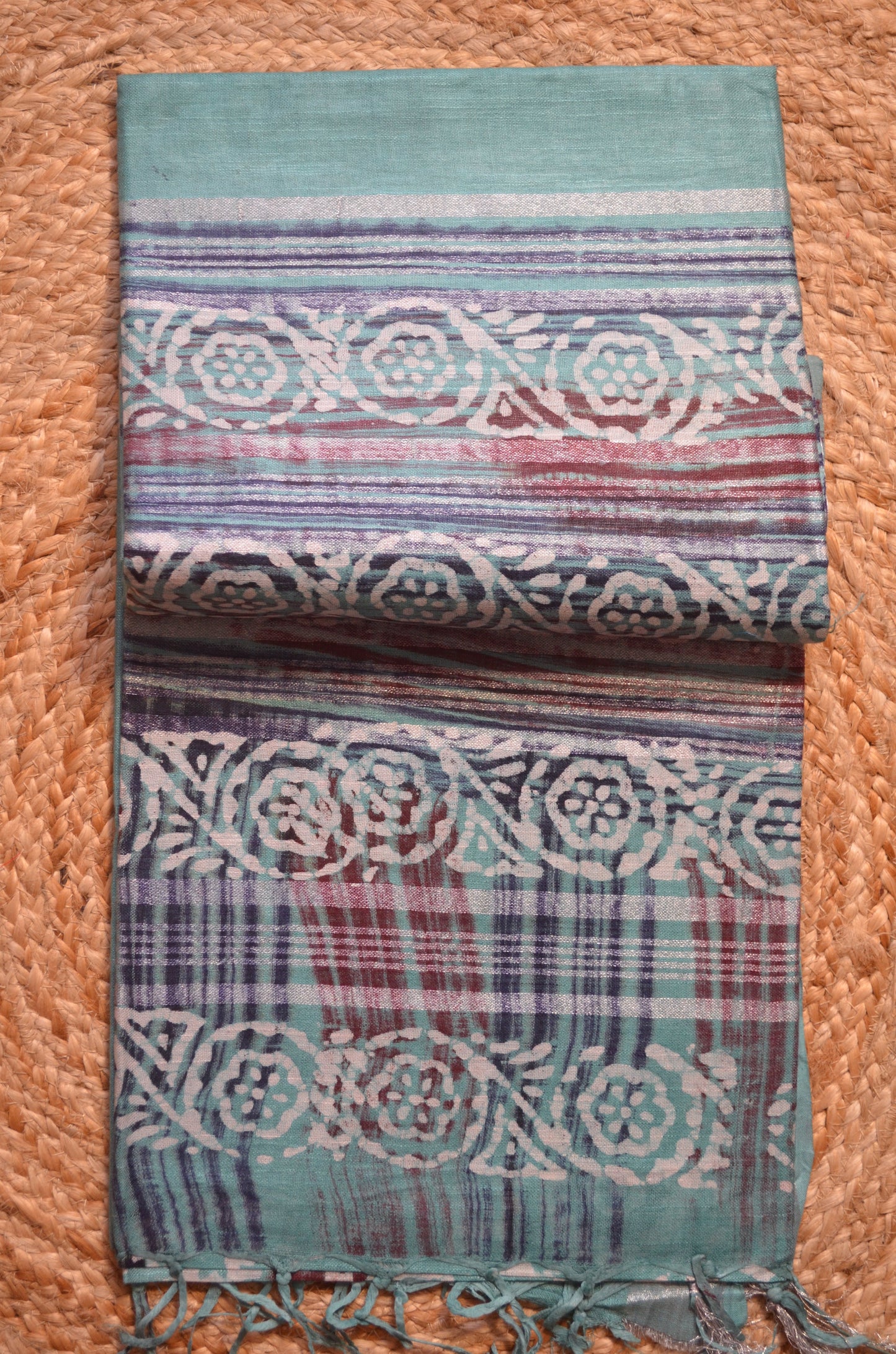 Sea Green Block Print Linen Handloom Saree