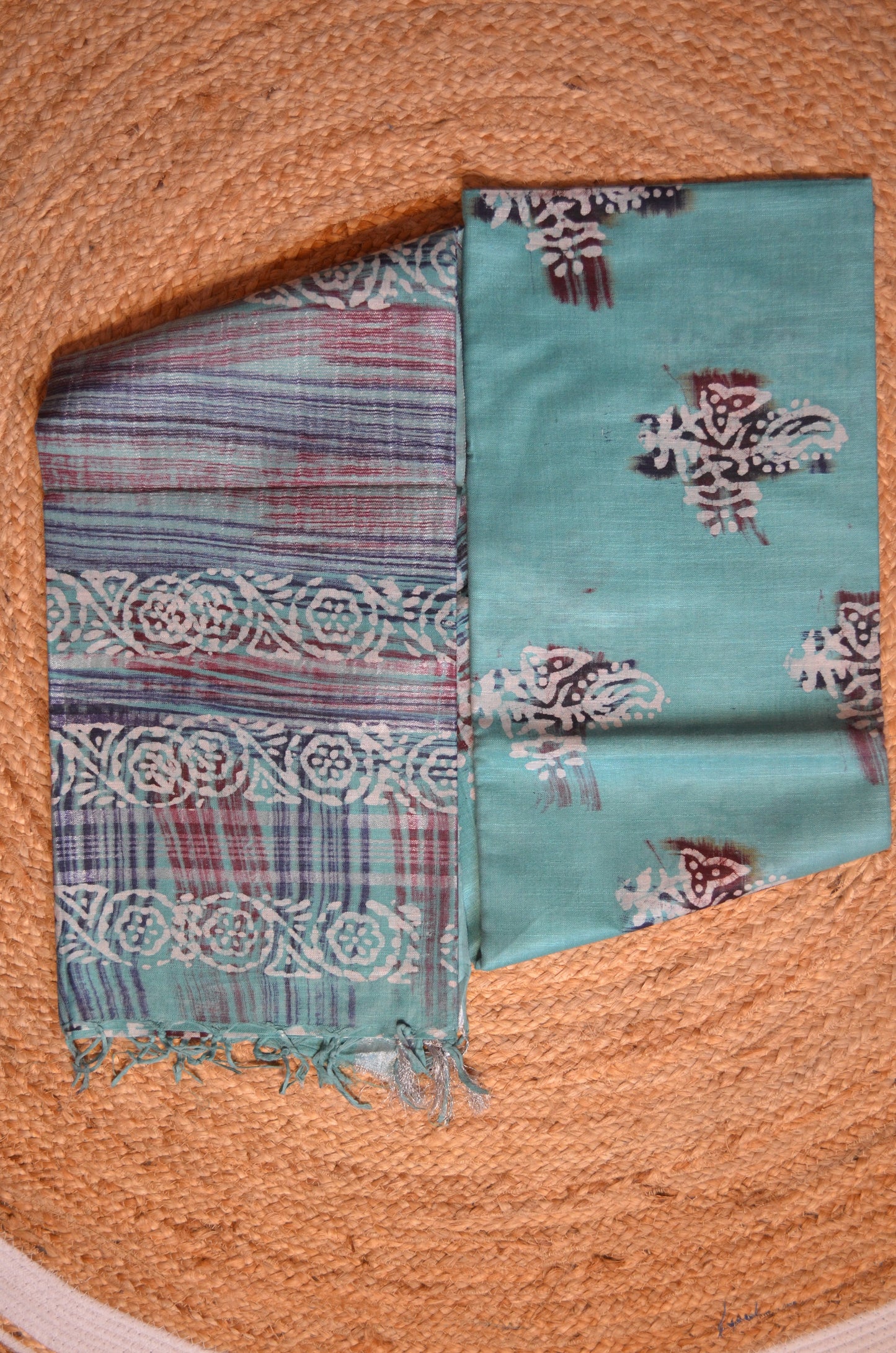 Sea Green Block Print Linen Handloom Saree