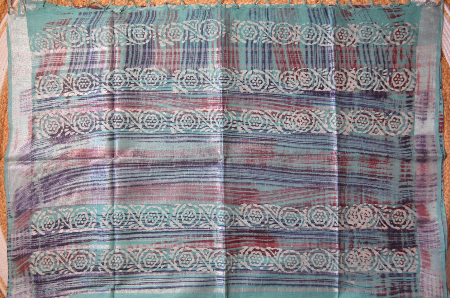 Sea Green Block Print Linen Handloom Saree