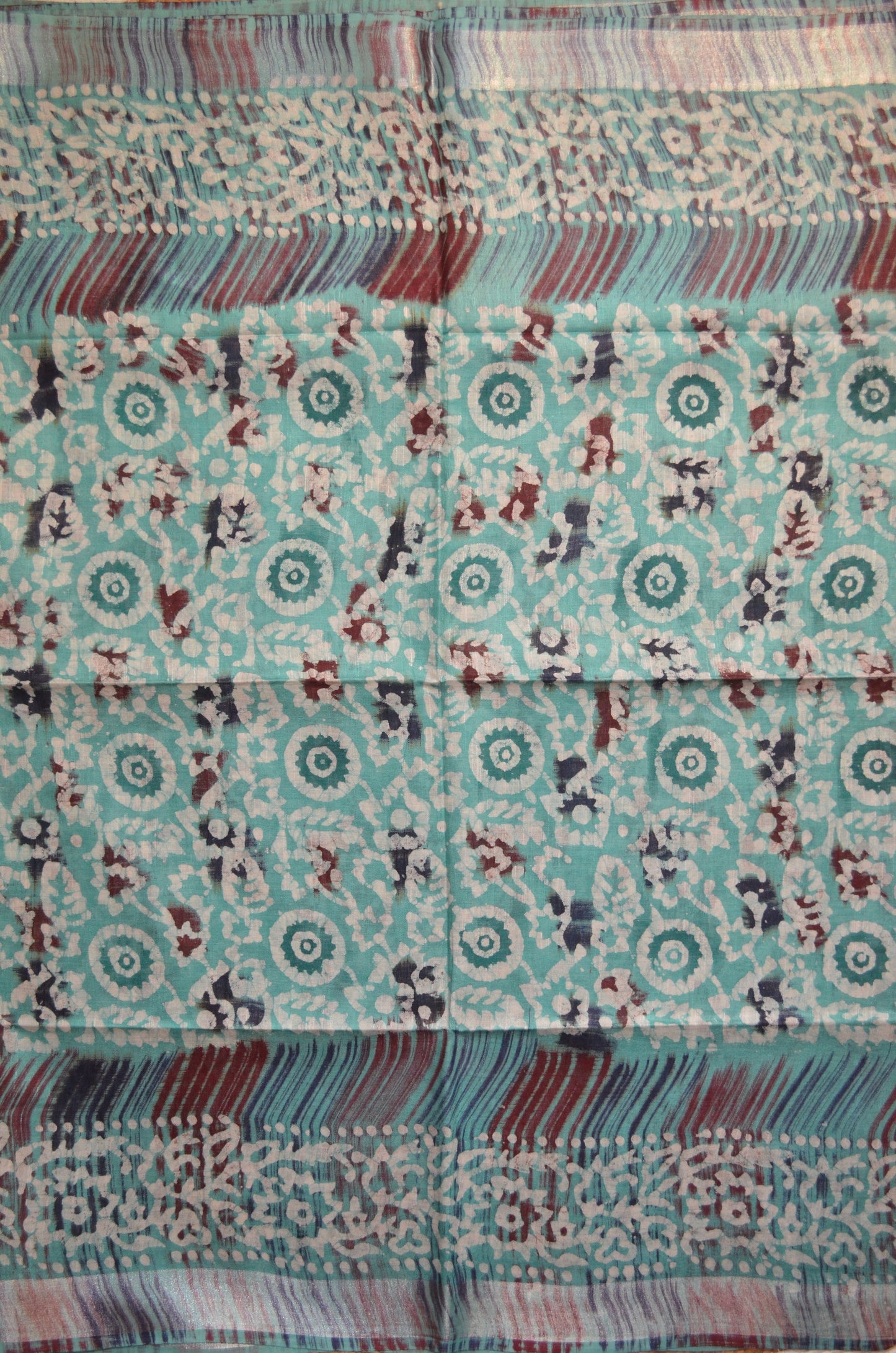 Sea Green Block Print Linen Handloom Saree