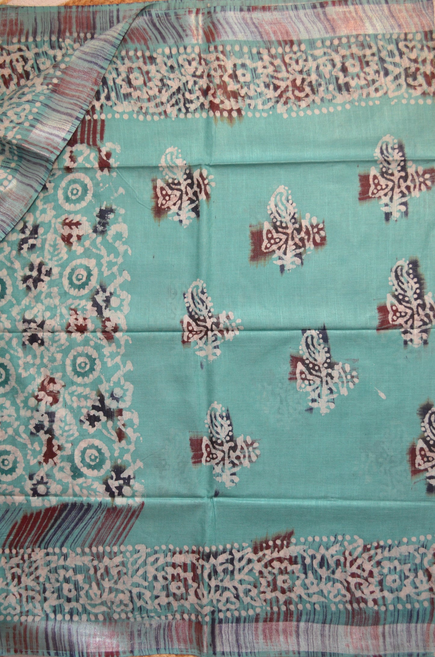 Sea Green Block Print Linen Handloom Saree
