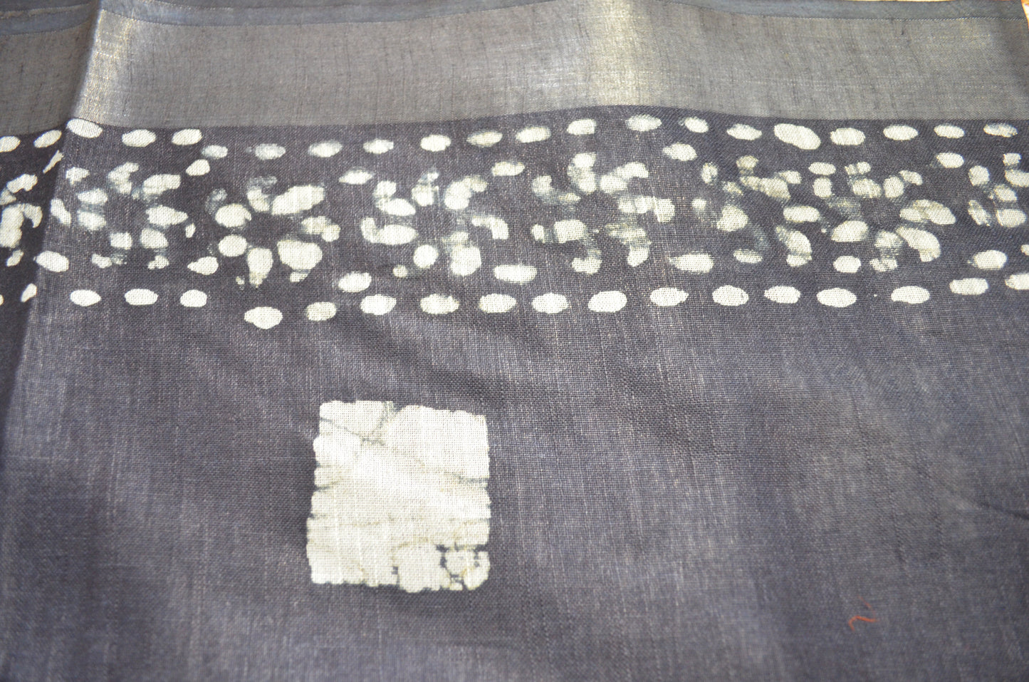 Black Bagru Linen Handloom Saree