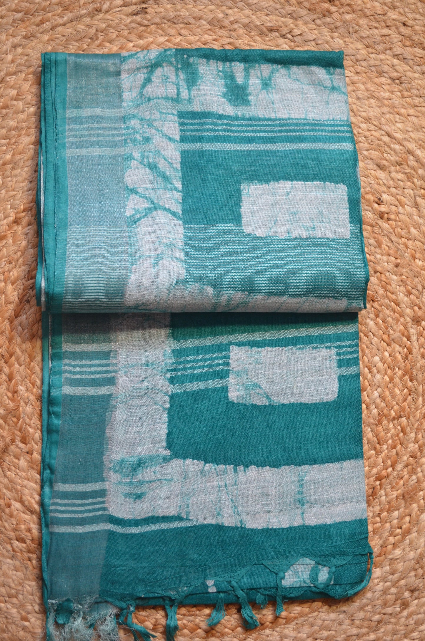 Sea Green Bagru Linen Handloom Saree