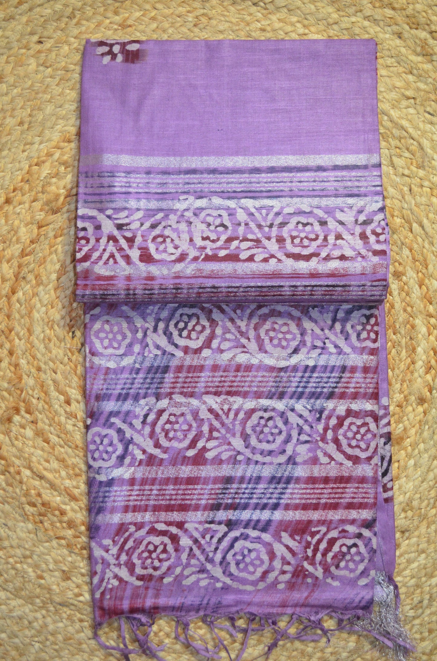 Lavender Block Print Linen Handloom Saree