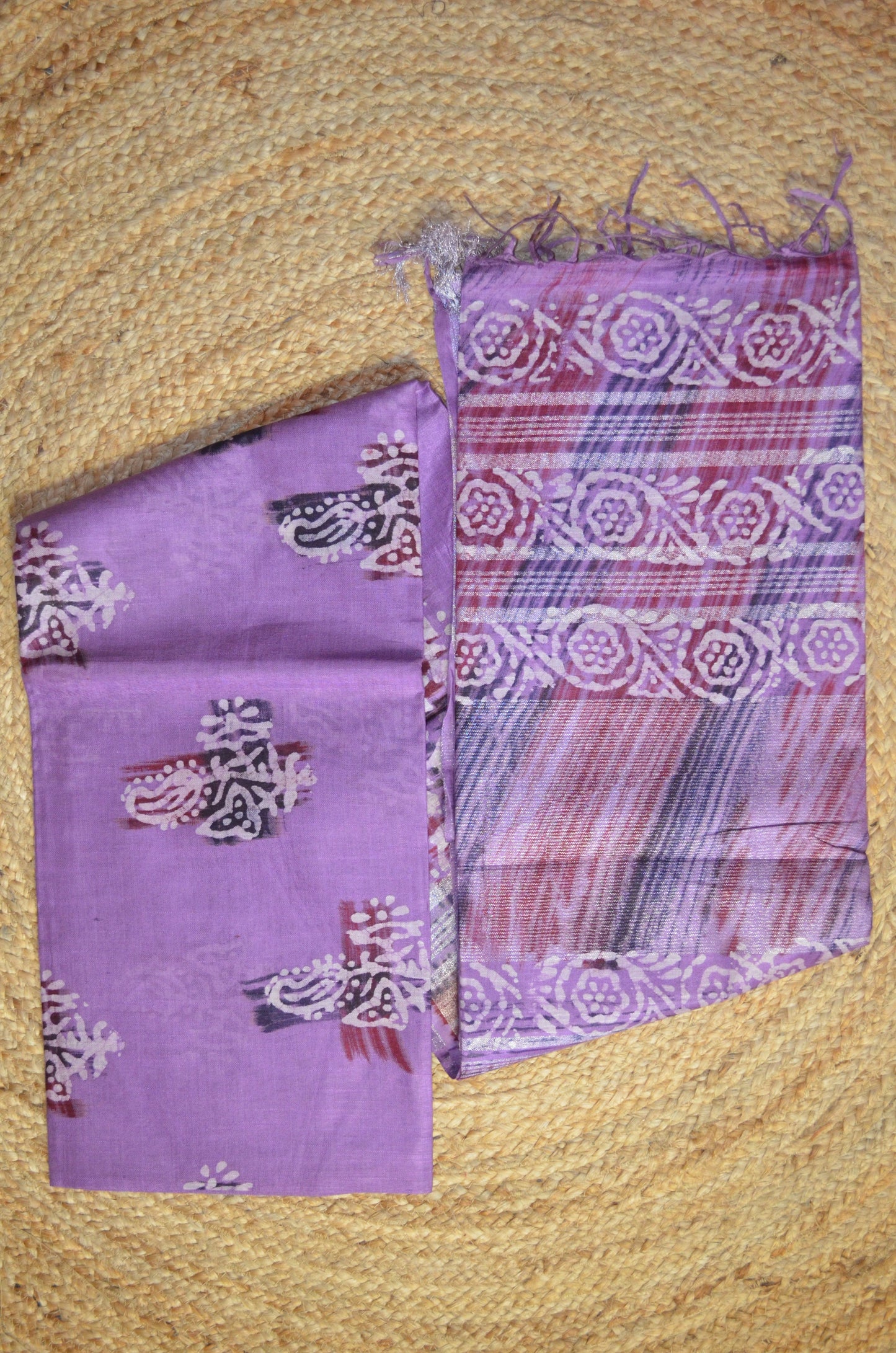 Lavender Block Print Linen Handloom Saree