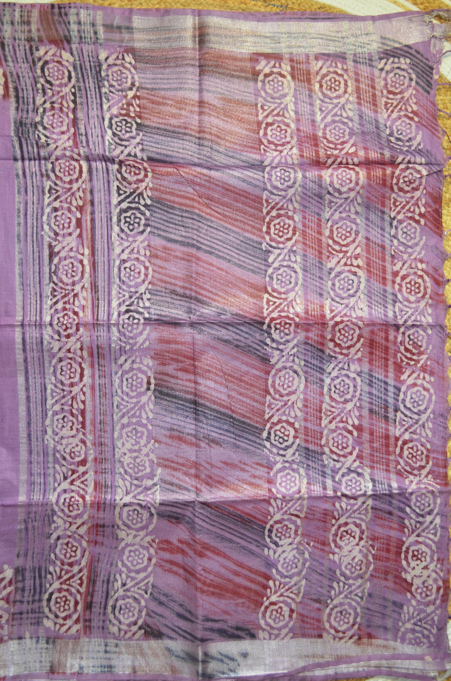 Lavender Block Print Linen Handloom Saree