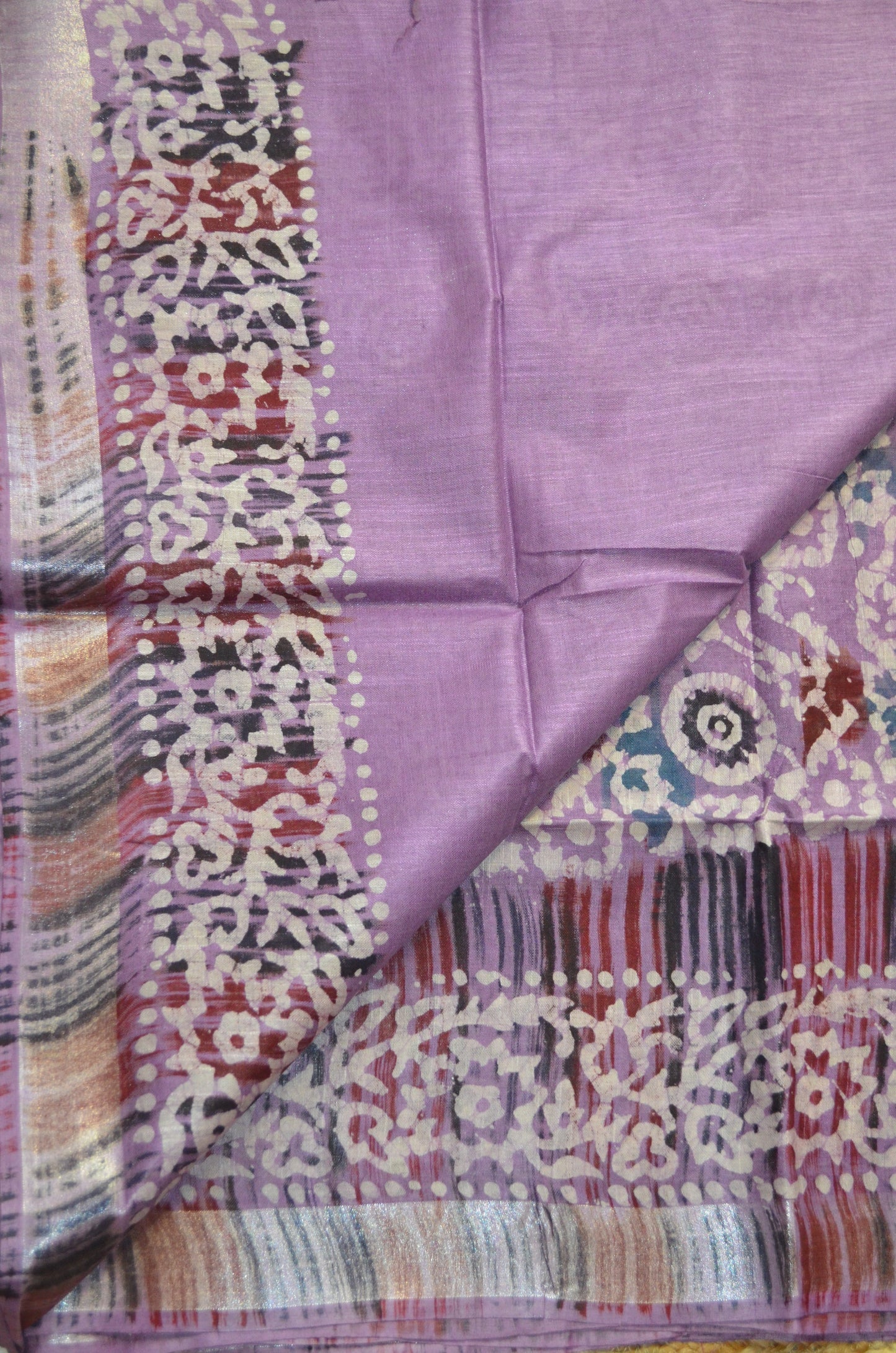Lavender Block Print Linen Handloom Saree