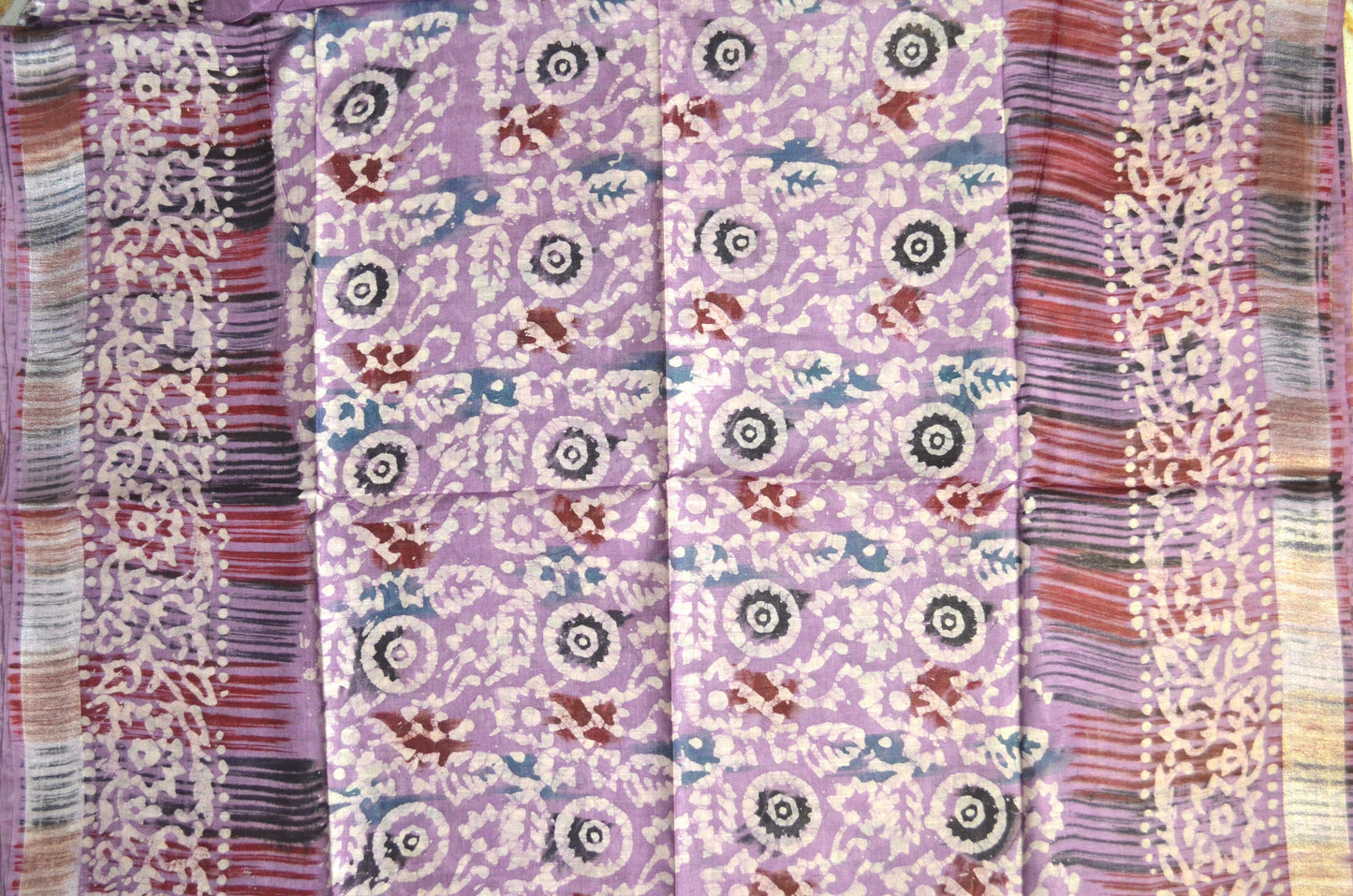 Lavender Block Print Linen Handloom Saree