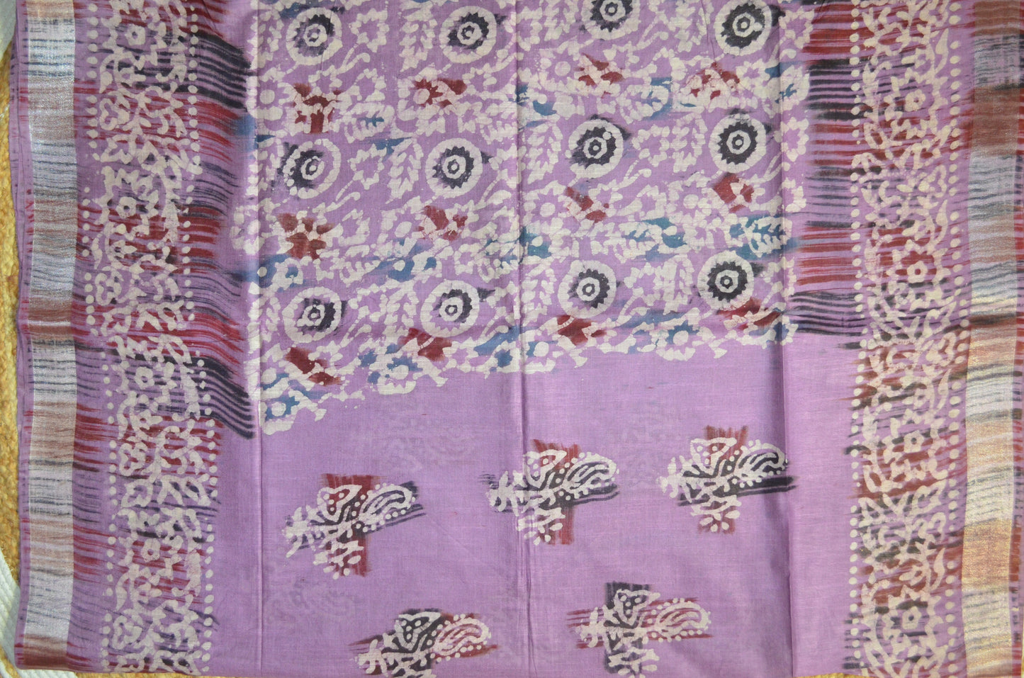 Lavender Block Print Linen Handloom Saree