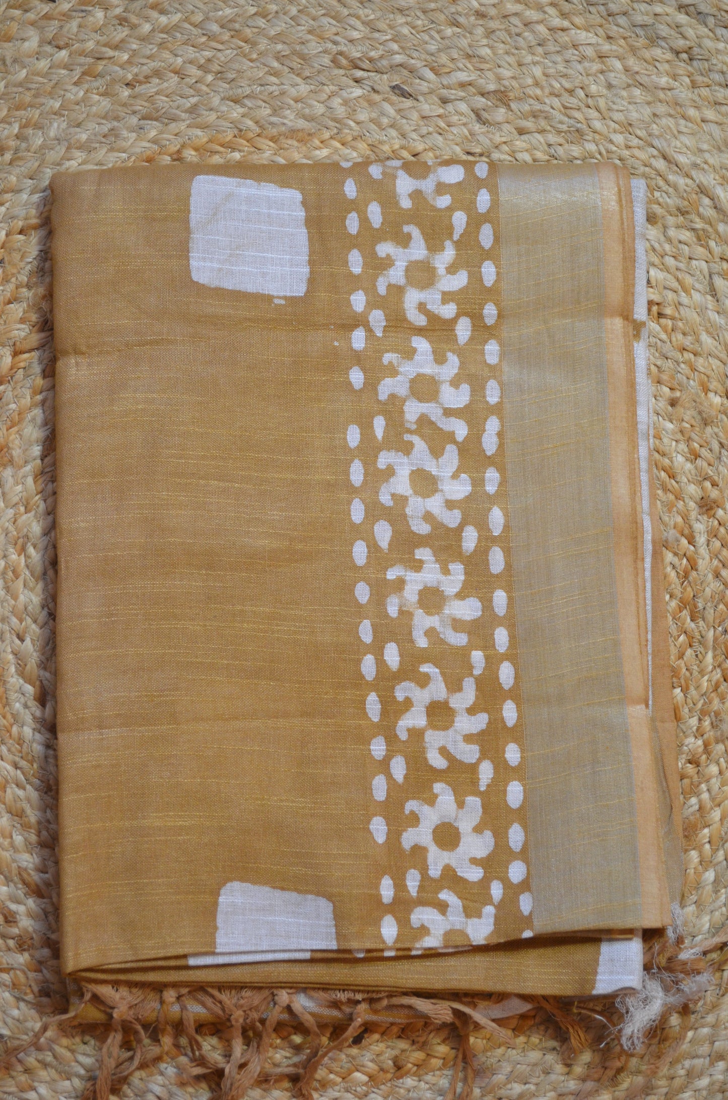 Dark Beige Bagru Linen Handloom Saree
